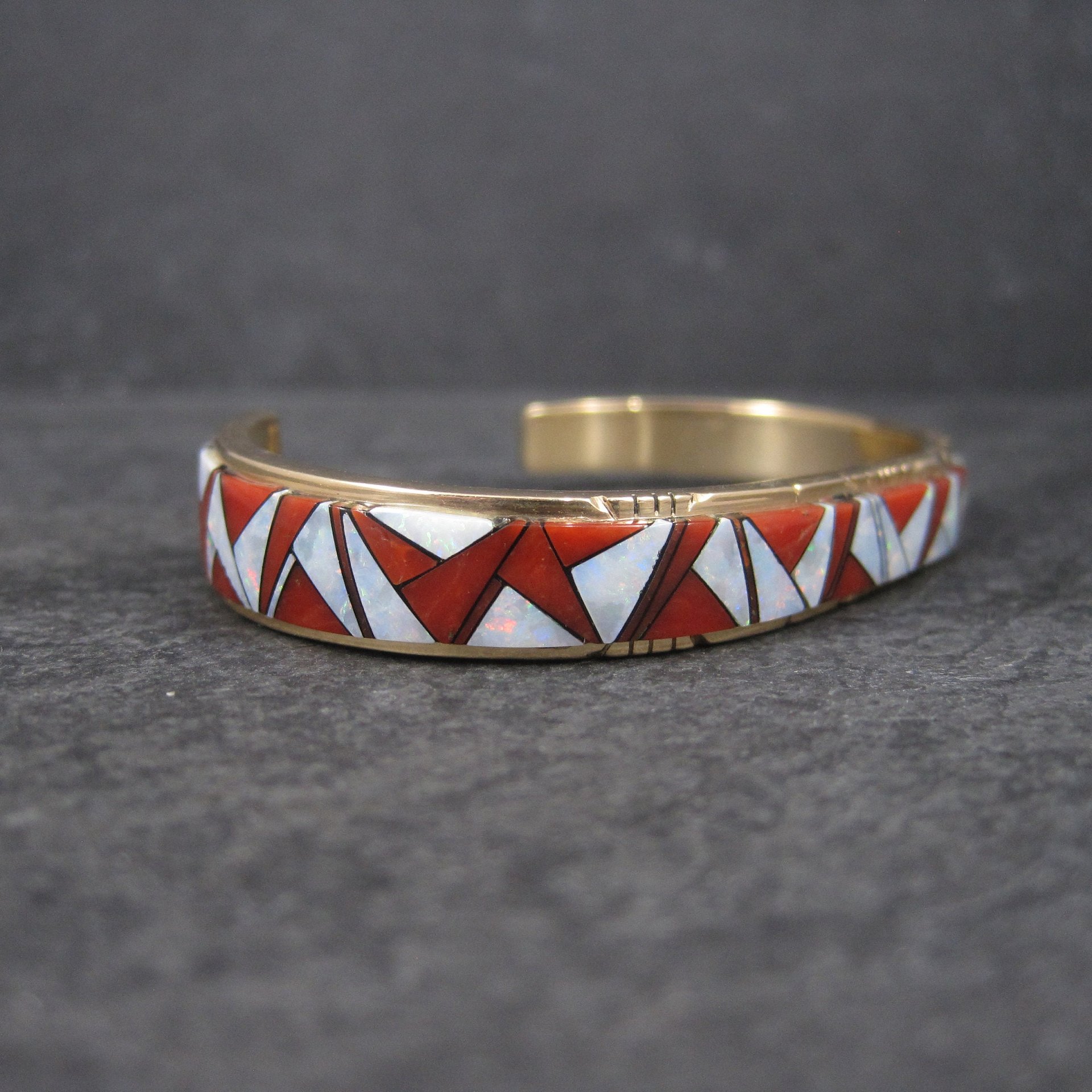 Vintage 14K Coral Opal Inlay Cuff Bracelet 5.75 Inches