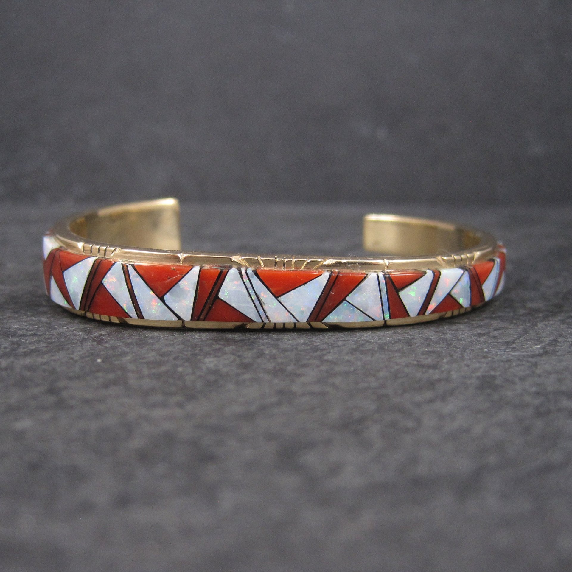 Vintage 14K Coral Opal Inlay Cuff Bracelet 5.75 Inches