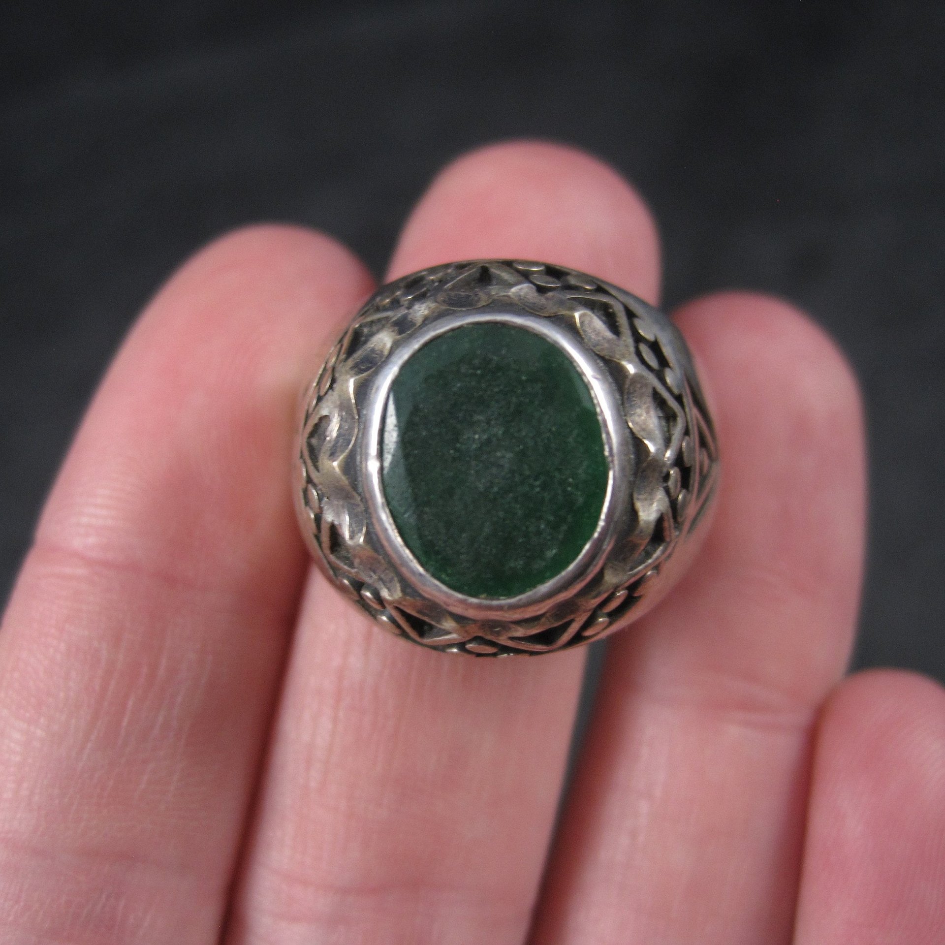 Mens Vintage Sterling Green Roman Glass Ring Size 11