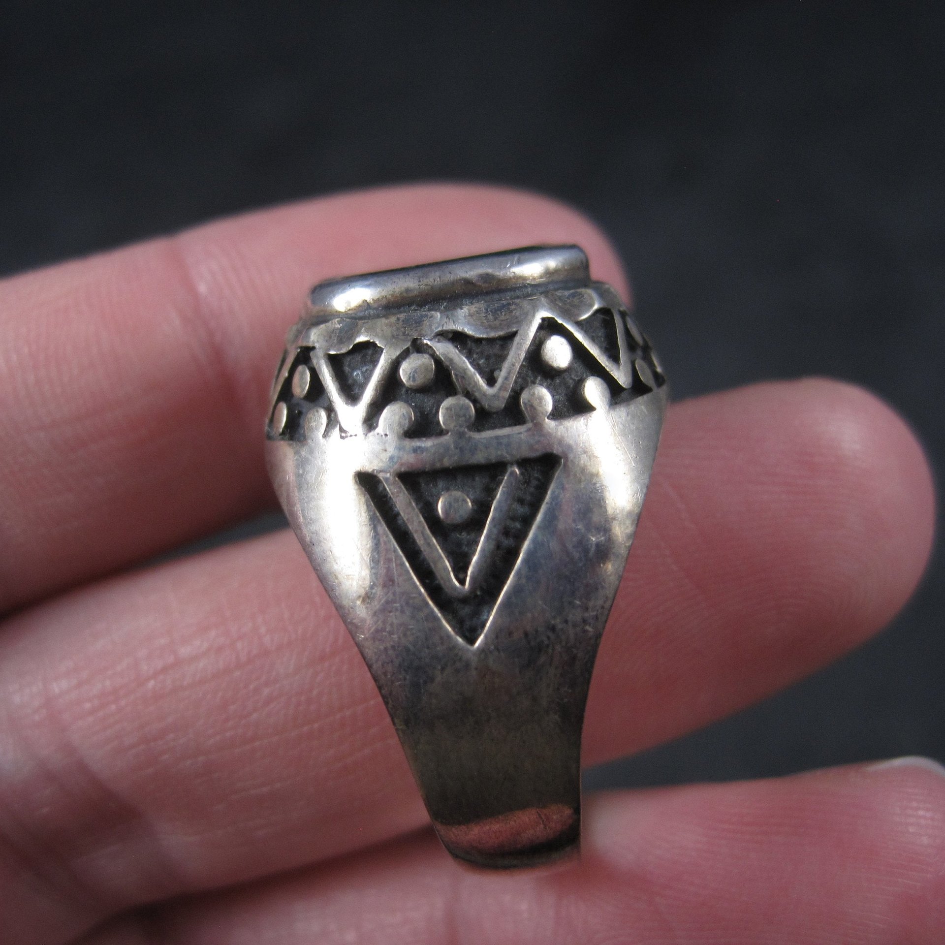Mens Vintage Sterling Green Roman Glass Ring Size 11