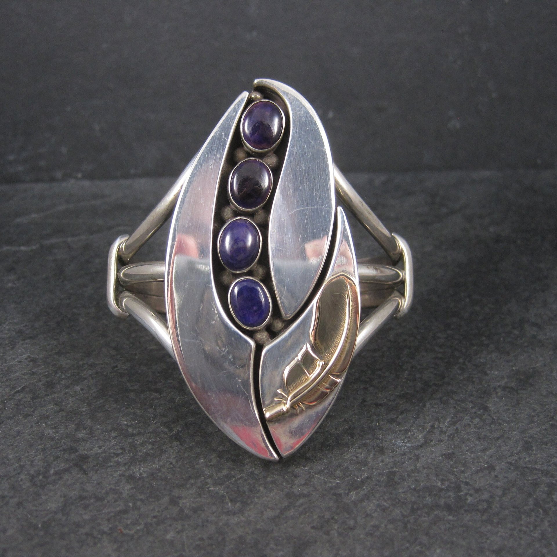 Sterling Navajo Sugilite Feather Cuff Bracelet Wilbert Cora Vandever