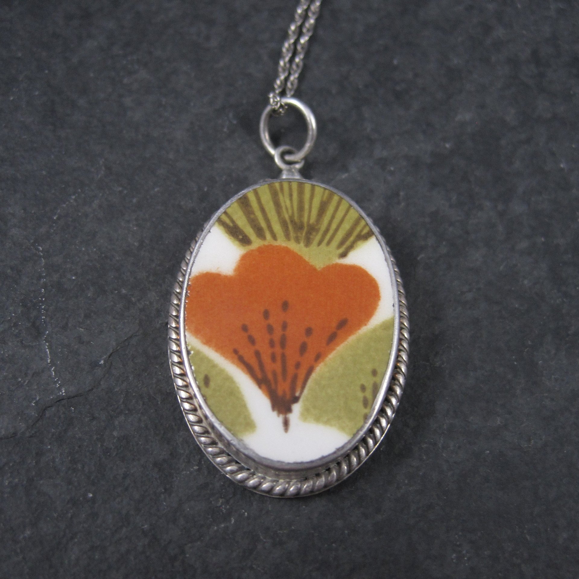 Vintage Sterling 70s Floral Pottery Pendant Necklace