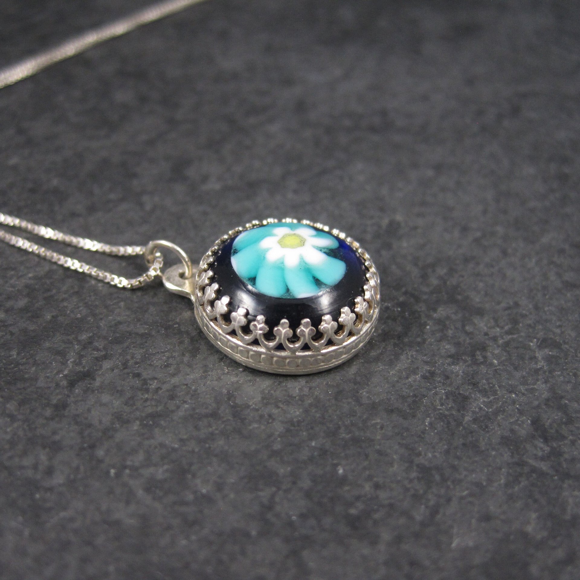 Vintage Sterling Art Glass Flower Pendant