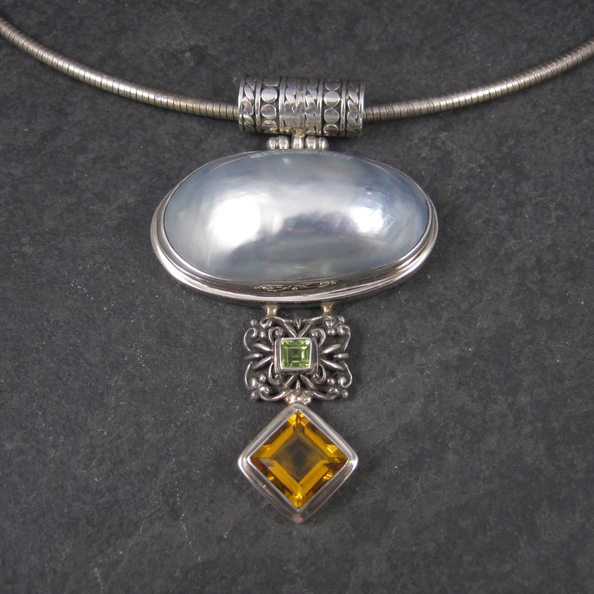 Large Vintage Sterling Peridot Topaz Mabe Pearl Pendant
