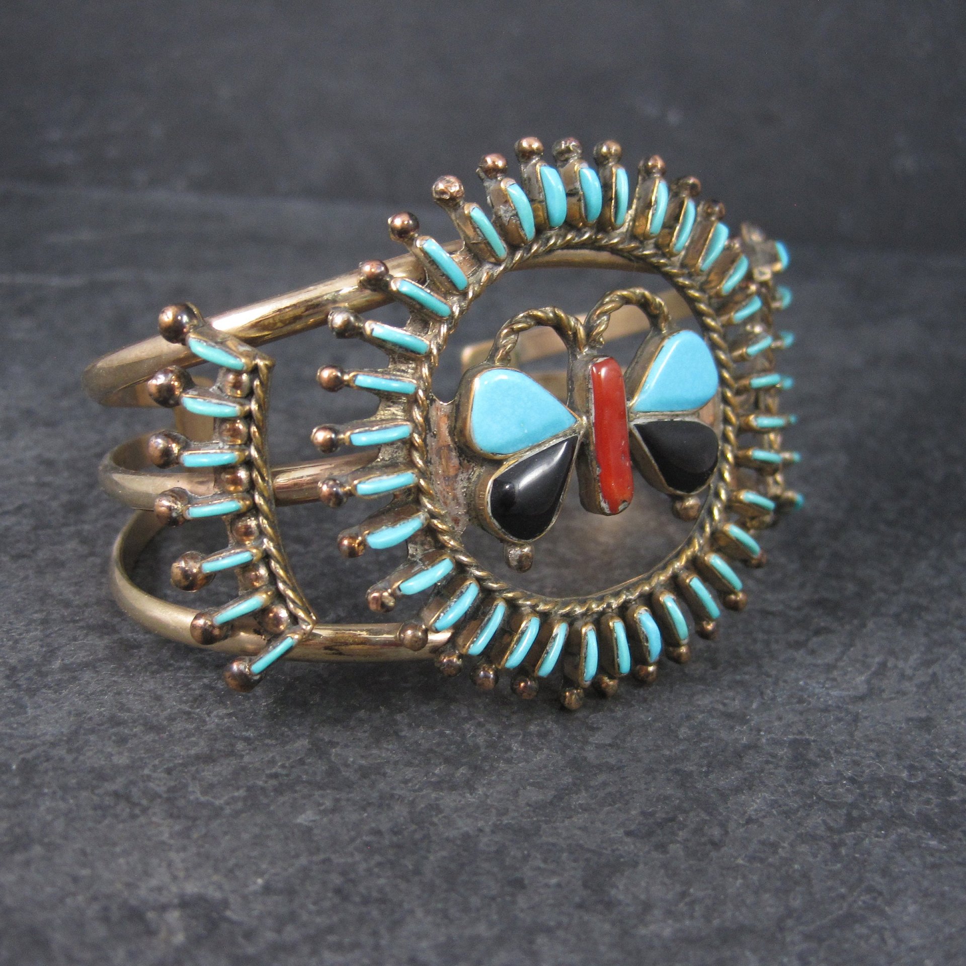Native American Needlepoint Turquoise Inlay Butterfly Cuff Bracelet 6.25 Inches Paul Lucario
