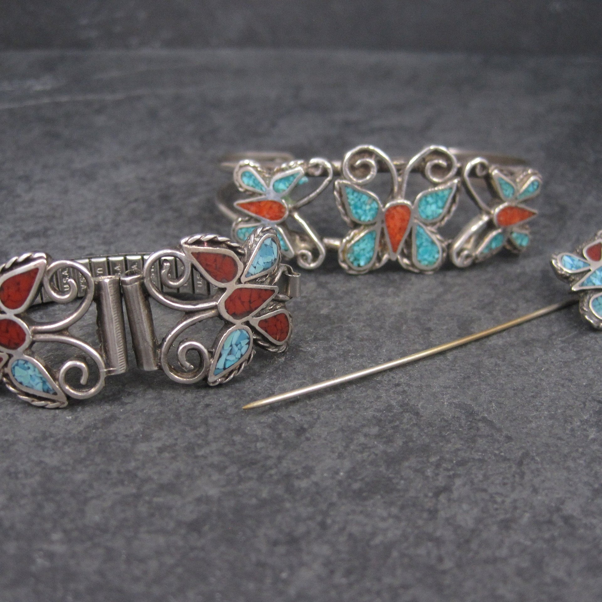 Estate Southwestern Coral Turquoise Butterfly Jewelry Set Cuff Bracelet Stick Pin Watch Band