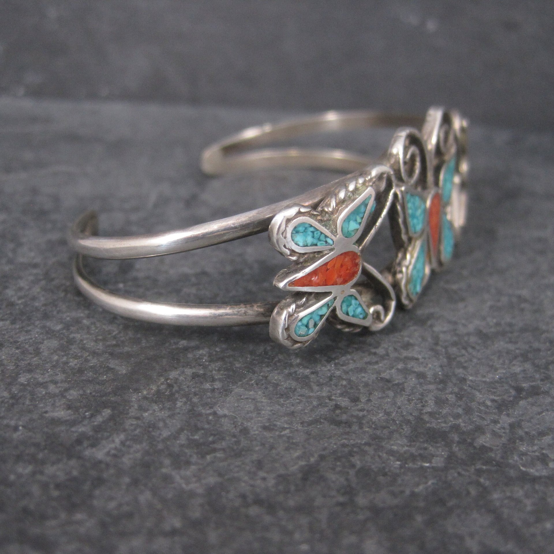 Estate Southwestern Coral Turquoise Butterfly Jewelry Set Cuff Bracelet Stick Pin Watch Band