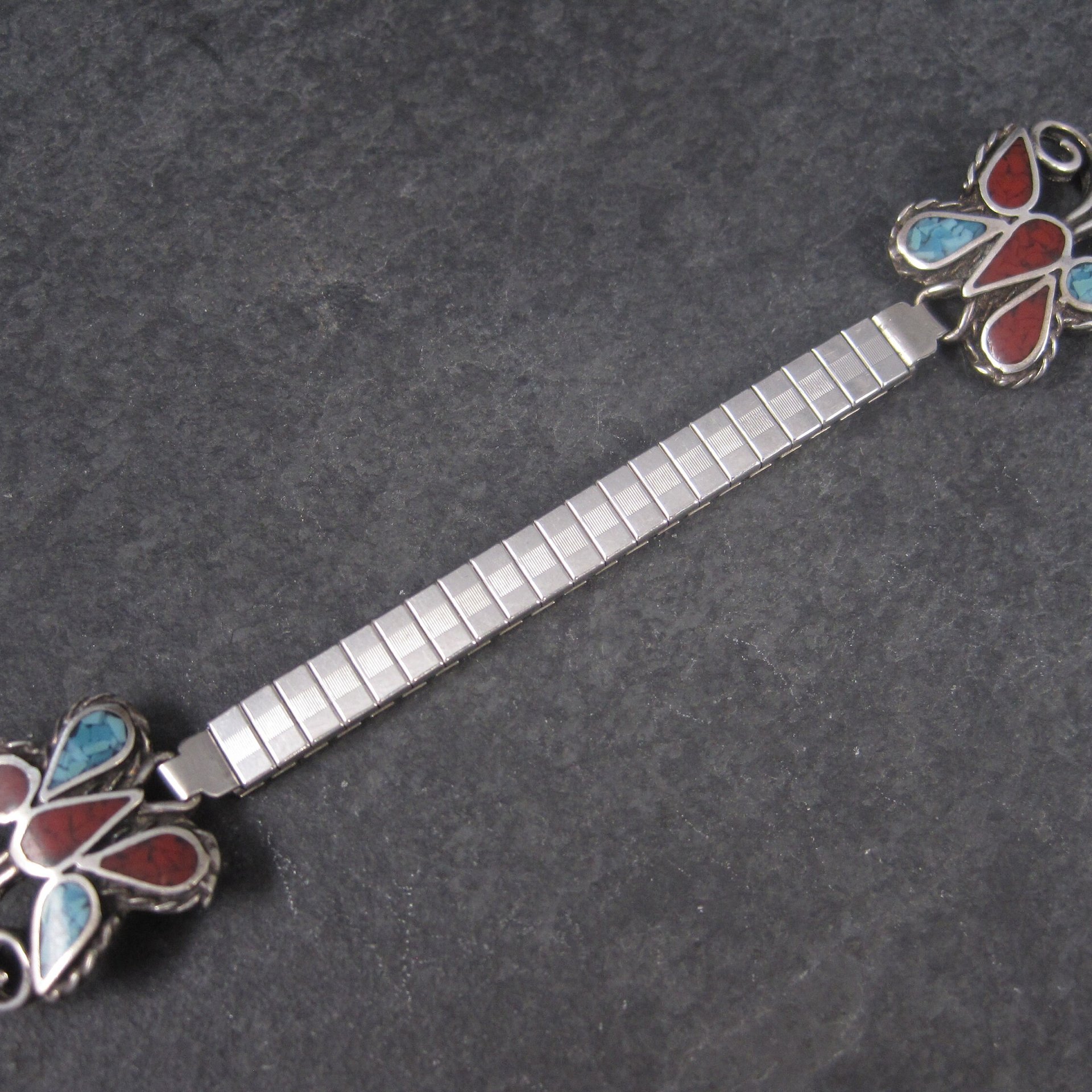 Estate Southwestern Coral Turquoise Butterfly Jewelry Set Cuff Bracelet Stick Pin Watch Band