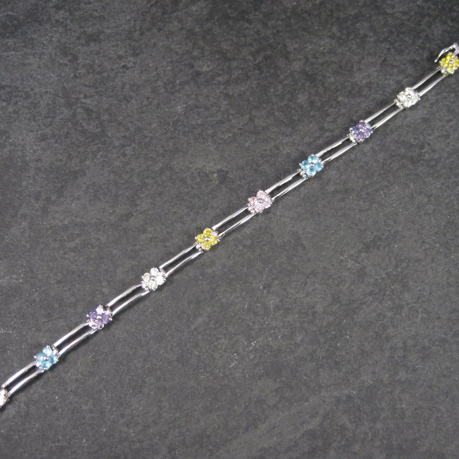 Vintage 90s Sterling Multi Stone Flower Bracelet 7 Inches
