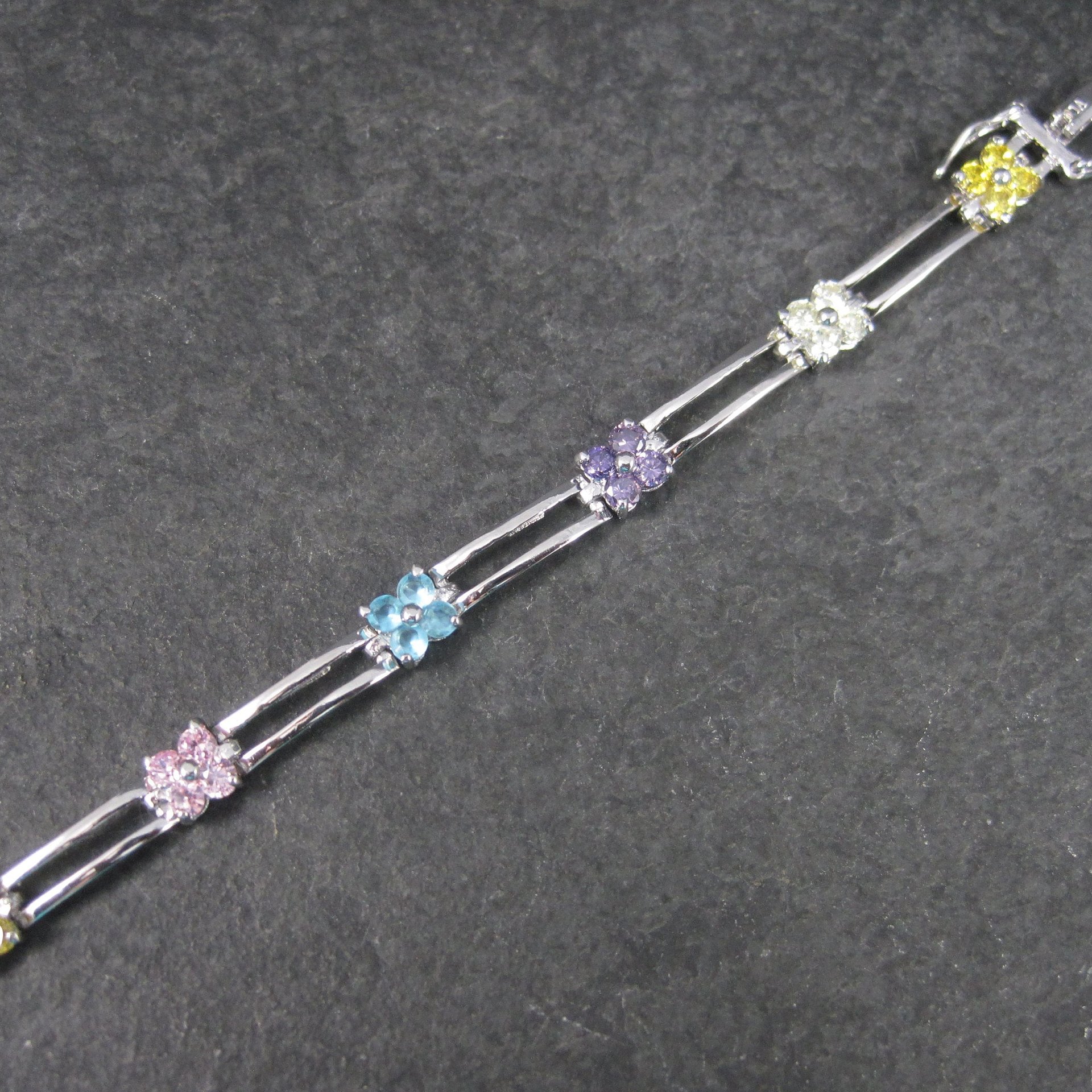 Vintage 90s Sterling Multi Stone Flower Bracelet 7 Inches