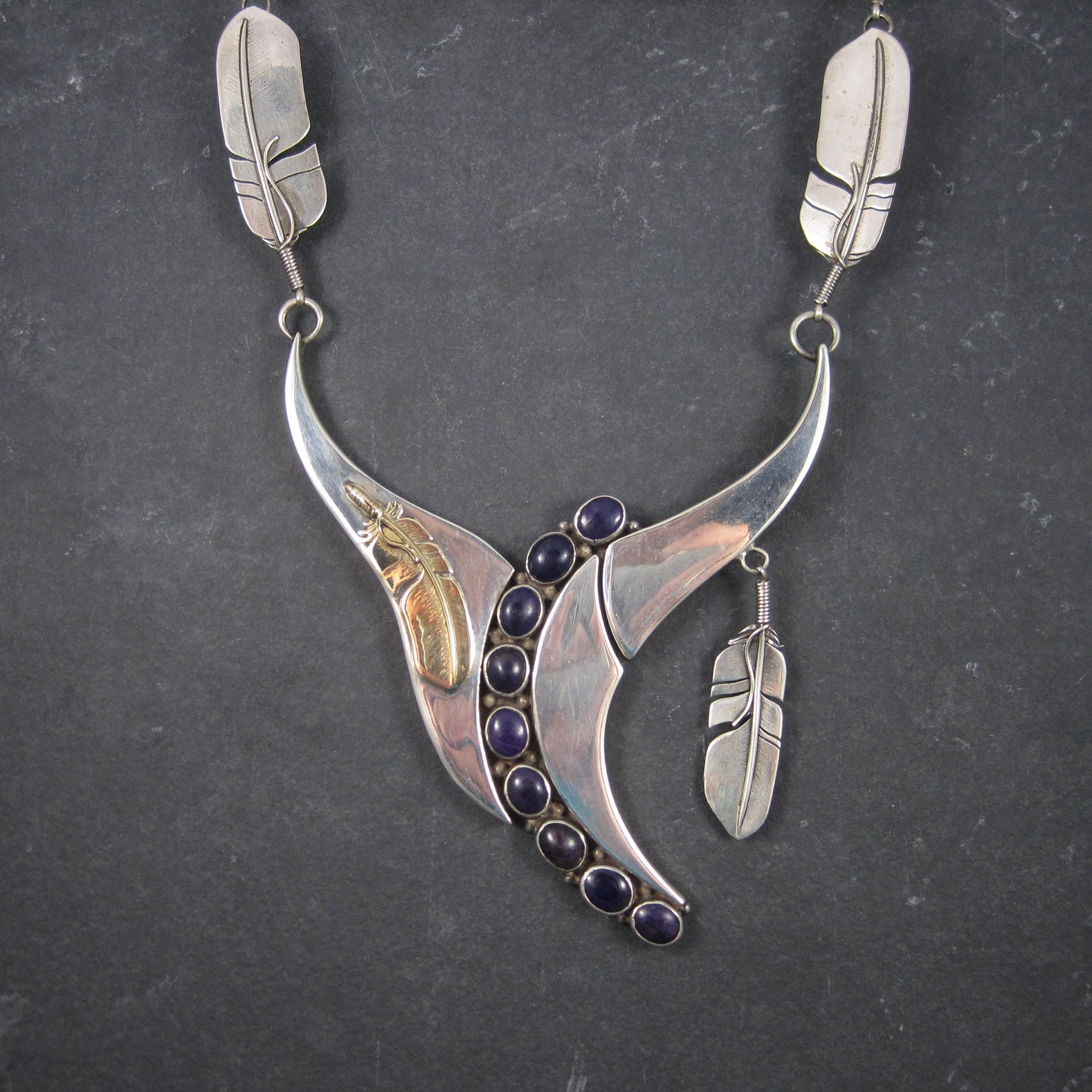 Navajo Sugilite Feather Necklace Wilbert Vandever Sterling Silver and 14K Yellow Gold