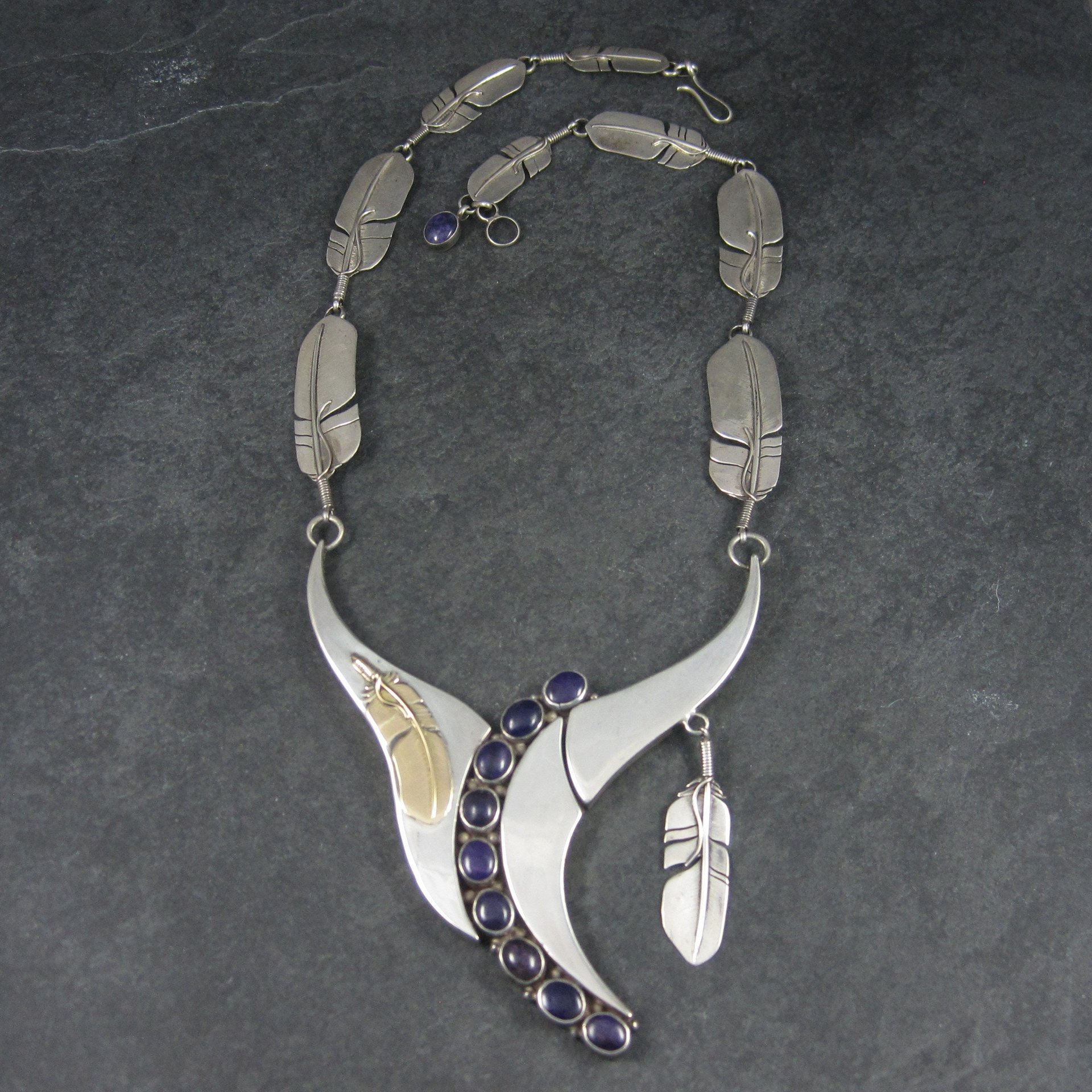 Navajo Sugilite Feather Necklace Wilbert Vandever Sterling Silver and 14K Yellow Gold