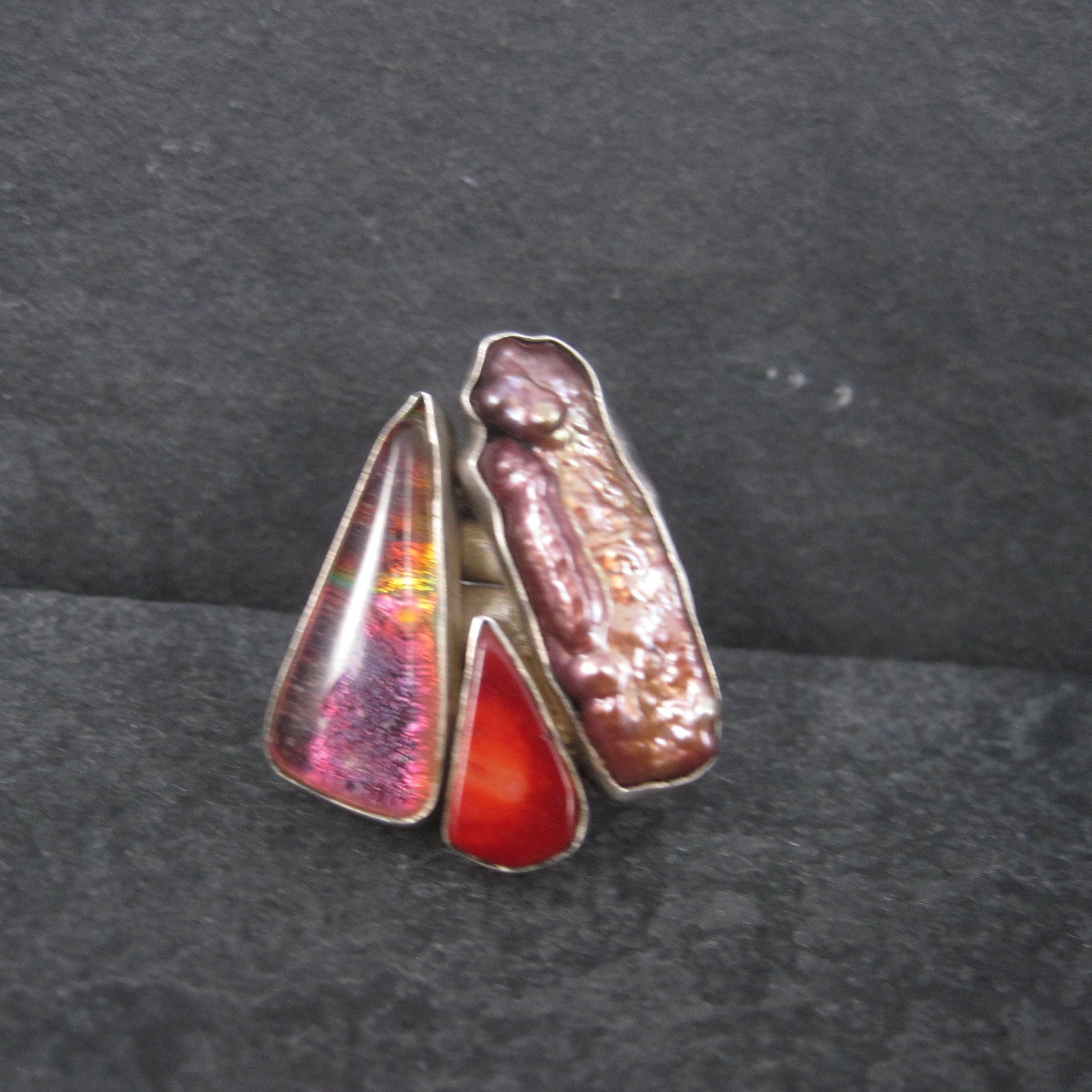 Estate Designer Sterling Biwa Pearl Art Glass Ring Size 7-8
