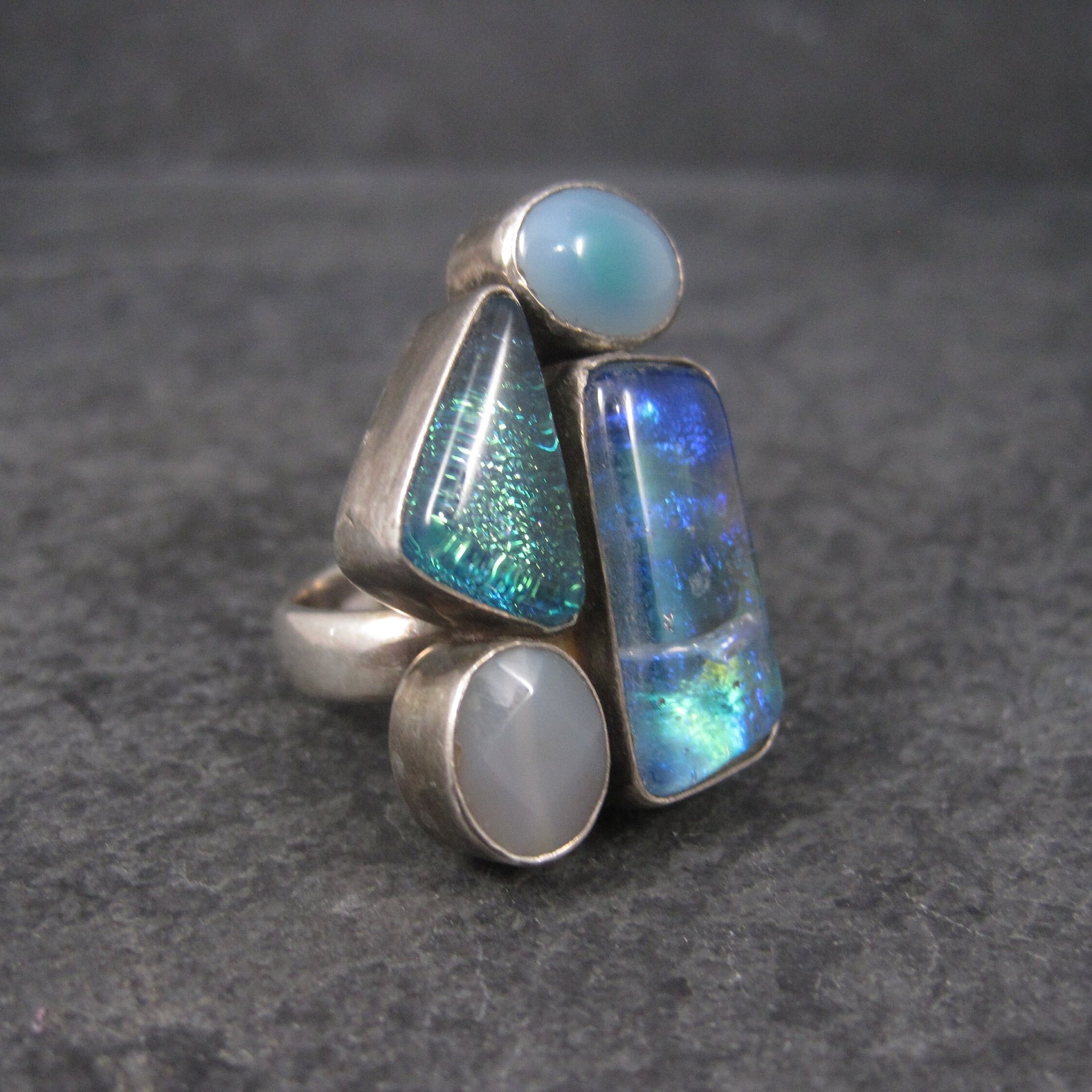 Estate Sterling Dichroic Glass and Quartz Ring Size 7