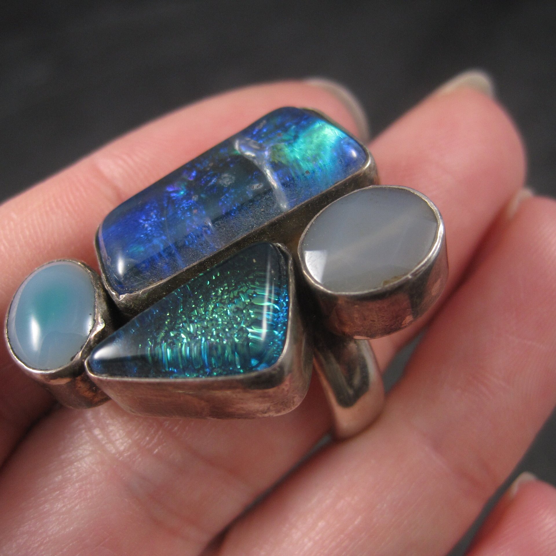 Estate Sterling Dichroic Glass and Quartz Ring Size 7
