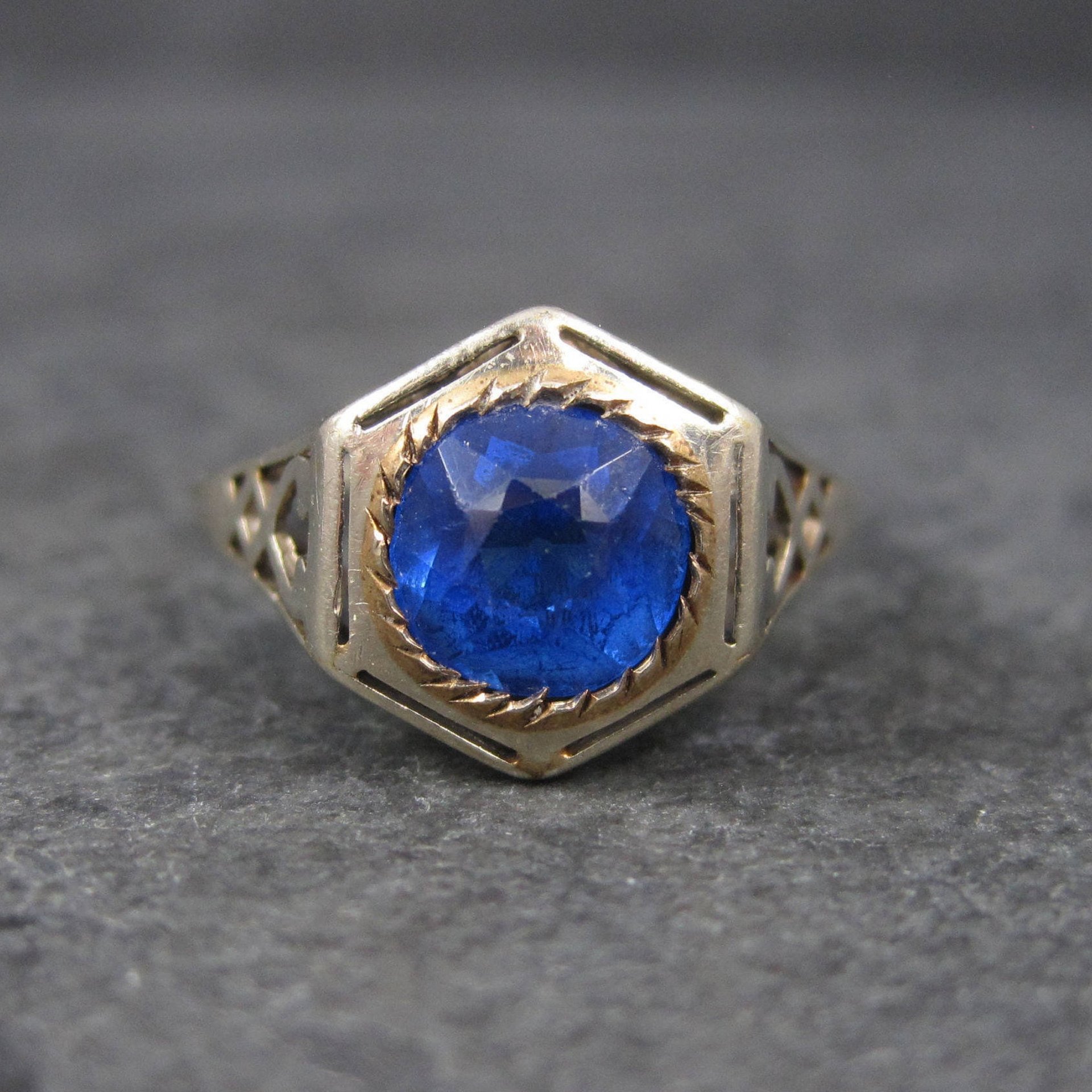 Antique 14K Blue Glass Ring Size 7.5