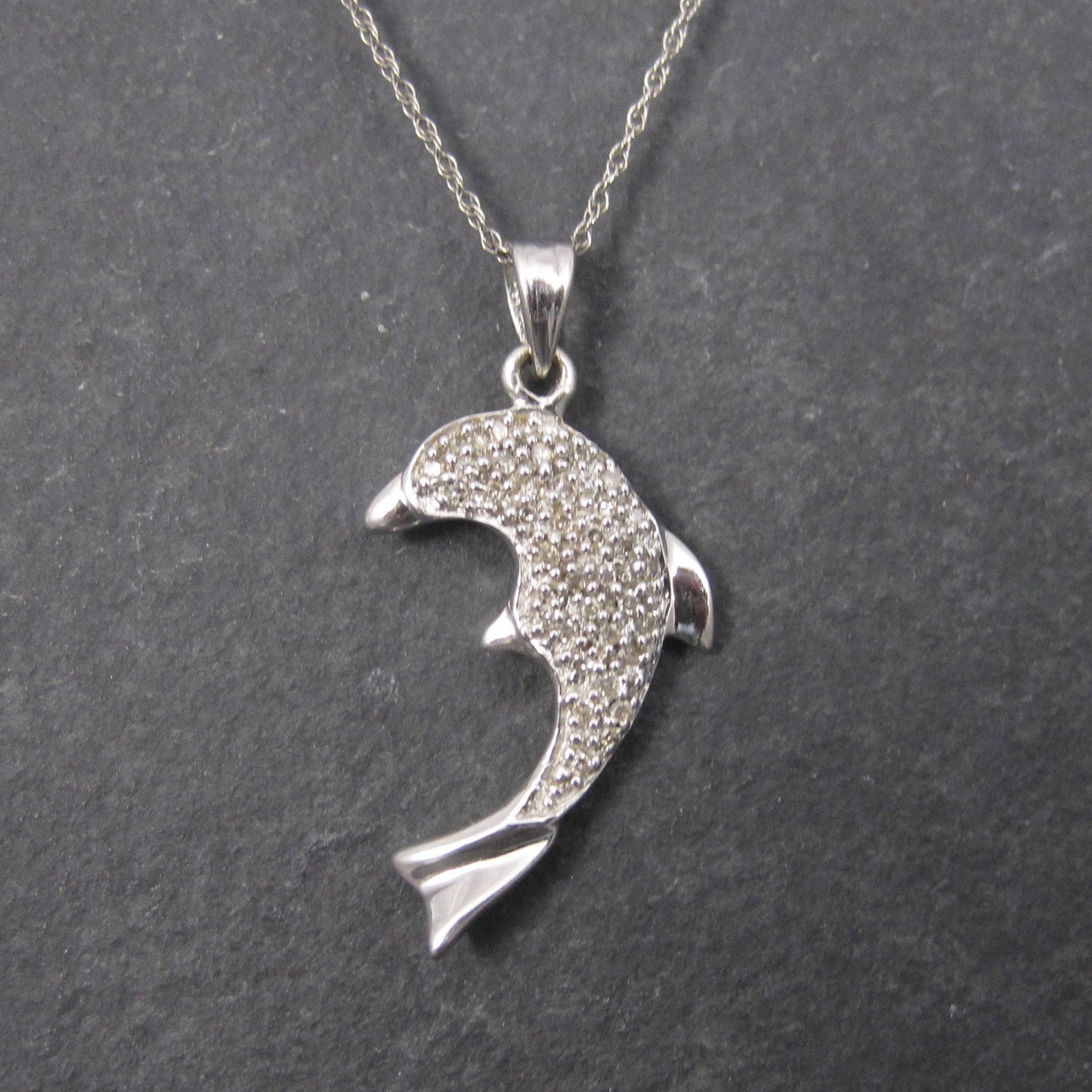 Vintage 10K White Gold Diamond Dolphin Pendant Necklace