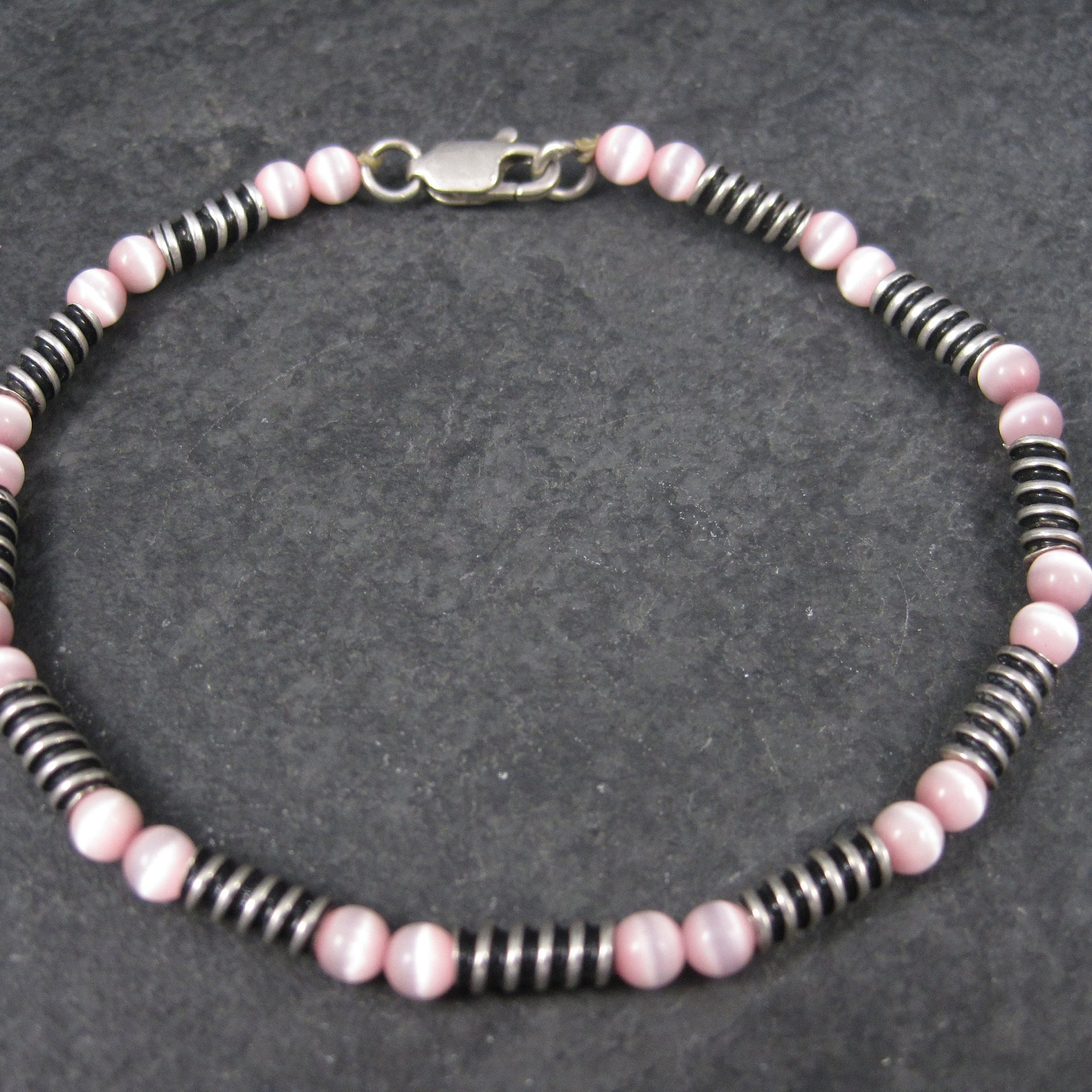Estate Handmade Sterling Pink Cats Eye Bracelet 8 Inches