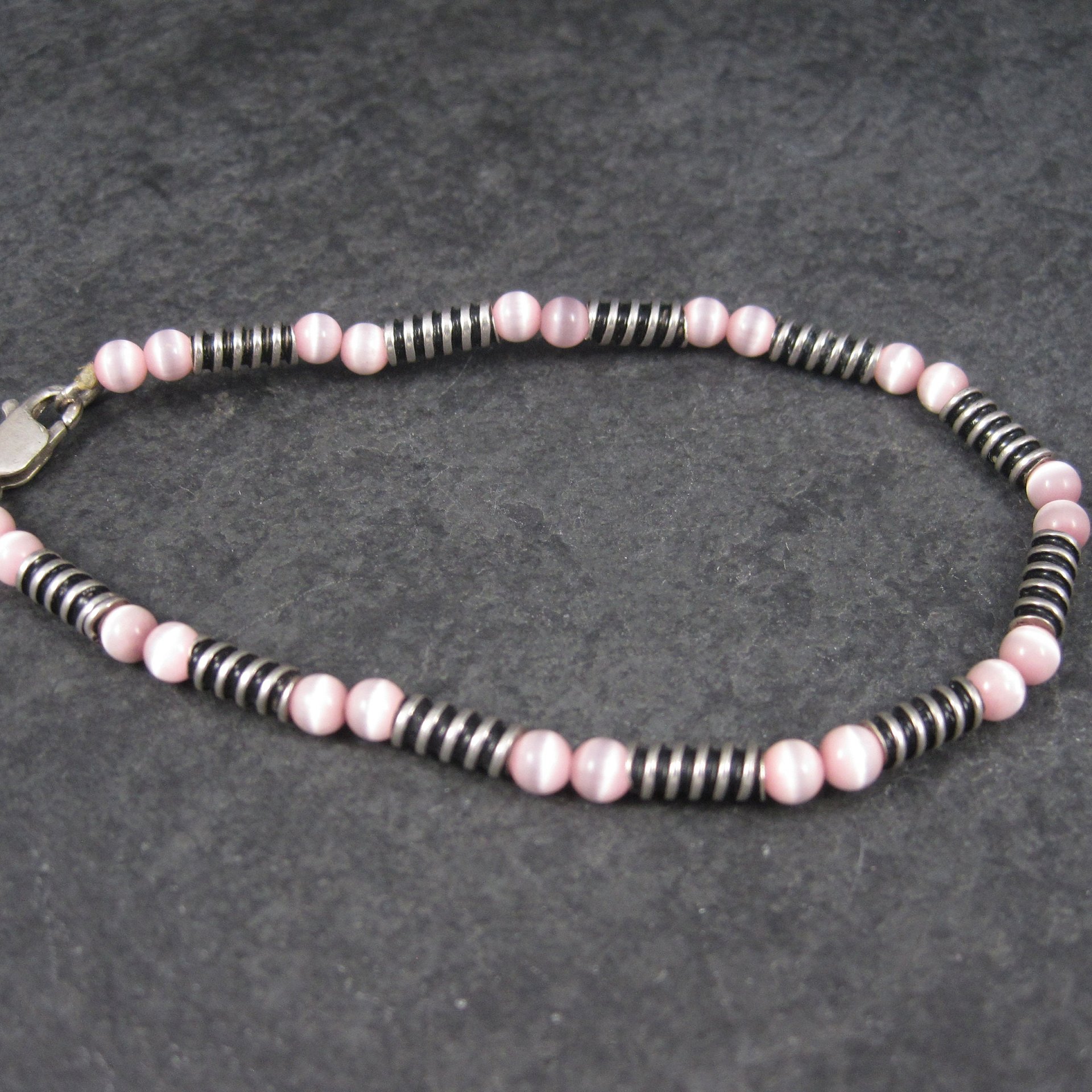 Estate Handmade Sterling Pink Cats Eye Bracelet 8 Inches