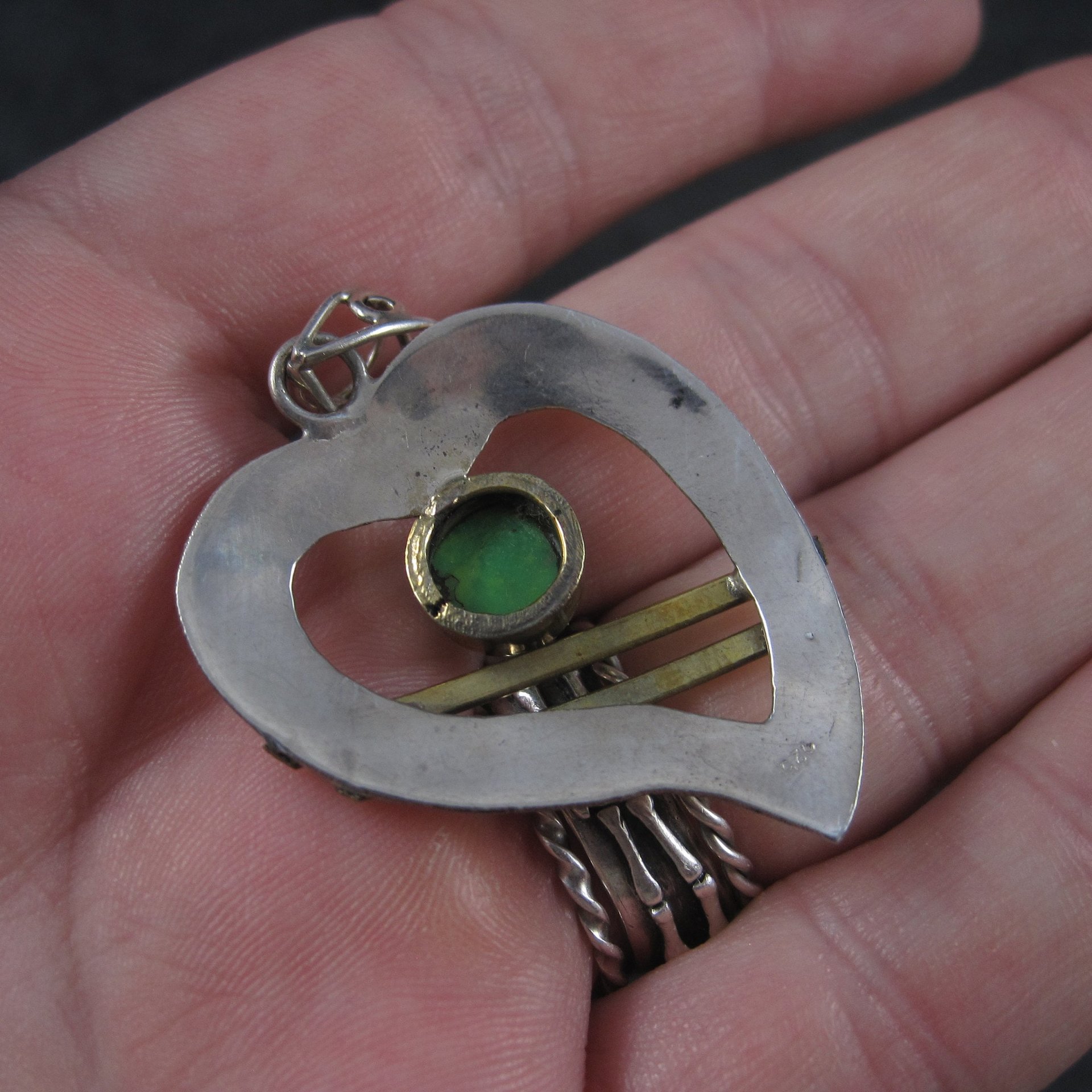 Vintage Sterling Green Turquoise with Gold Matrix Heart Pendant