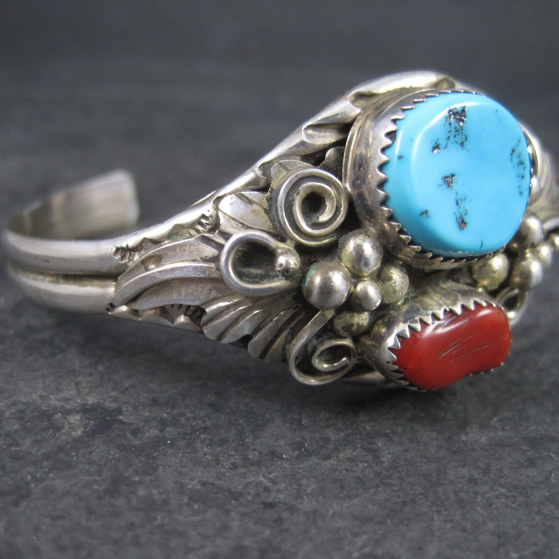 Vintage Navajo Turquoise Coral Cuff Bracelet 6.5 Inches Augustine Largo