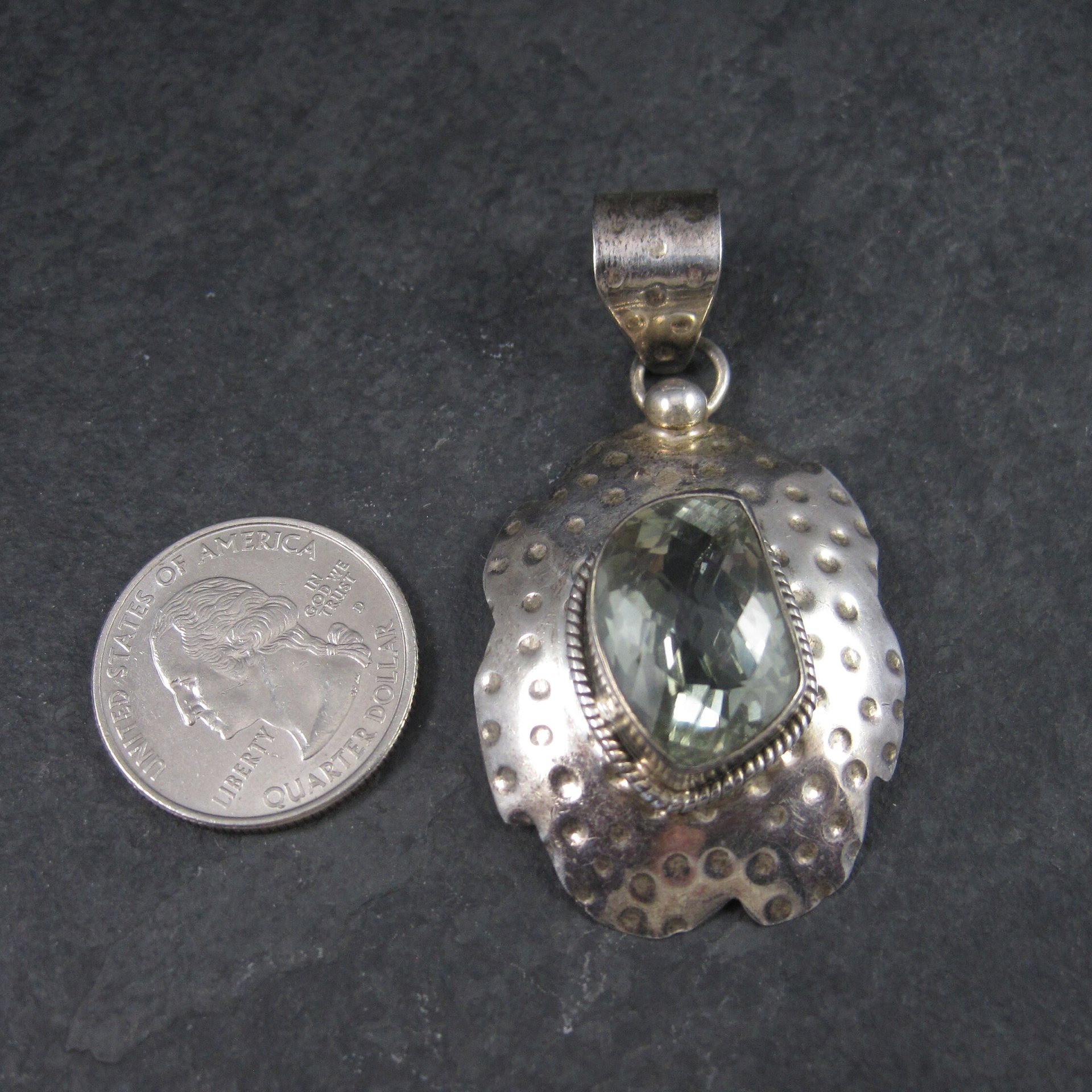 Large Vintage Sterling Green Amethyst Pendant