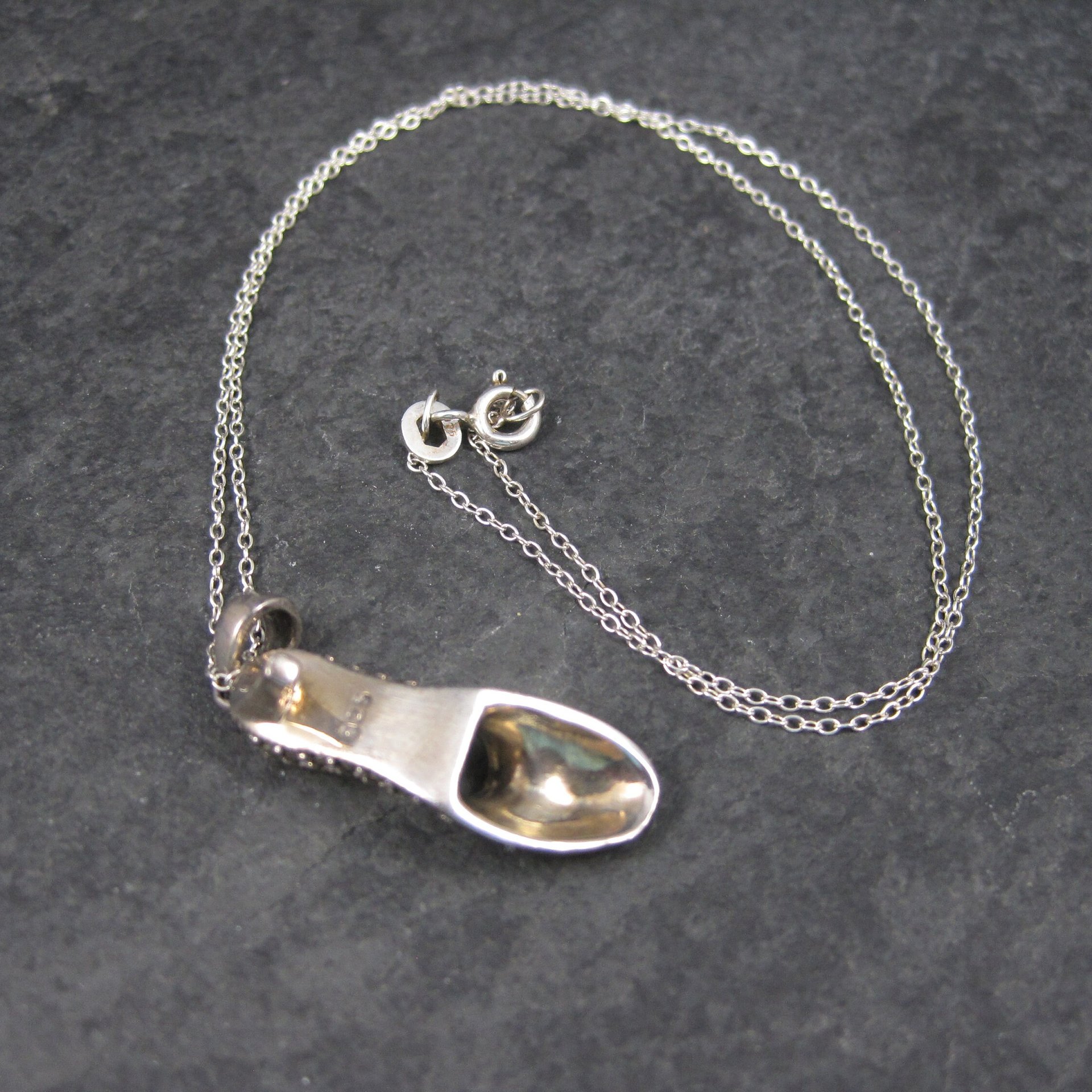 Vintage Sterling Onyx Marcasite High Heel Shoe Pendant Necklace