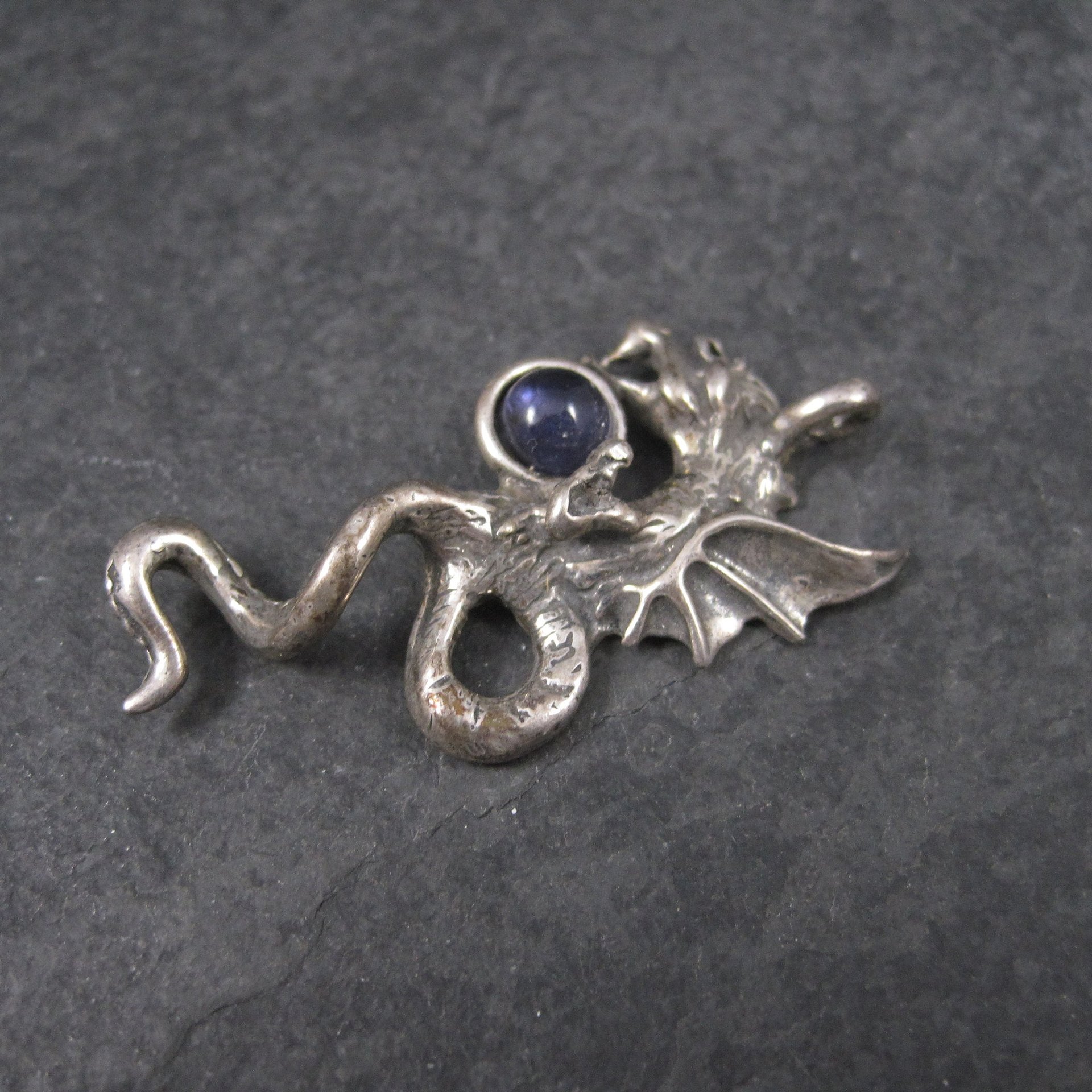 Vintage Sterling Iolite Winged Dragon Pendant