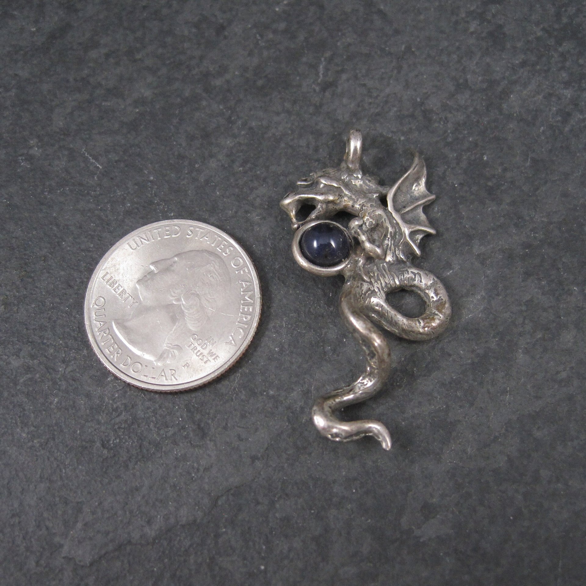 Vintage Sterling Iolite Winged Dragon Pendant