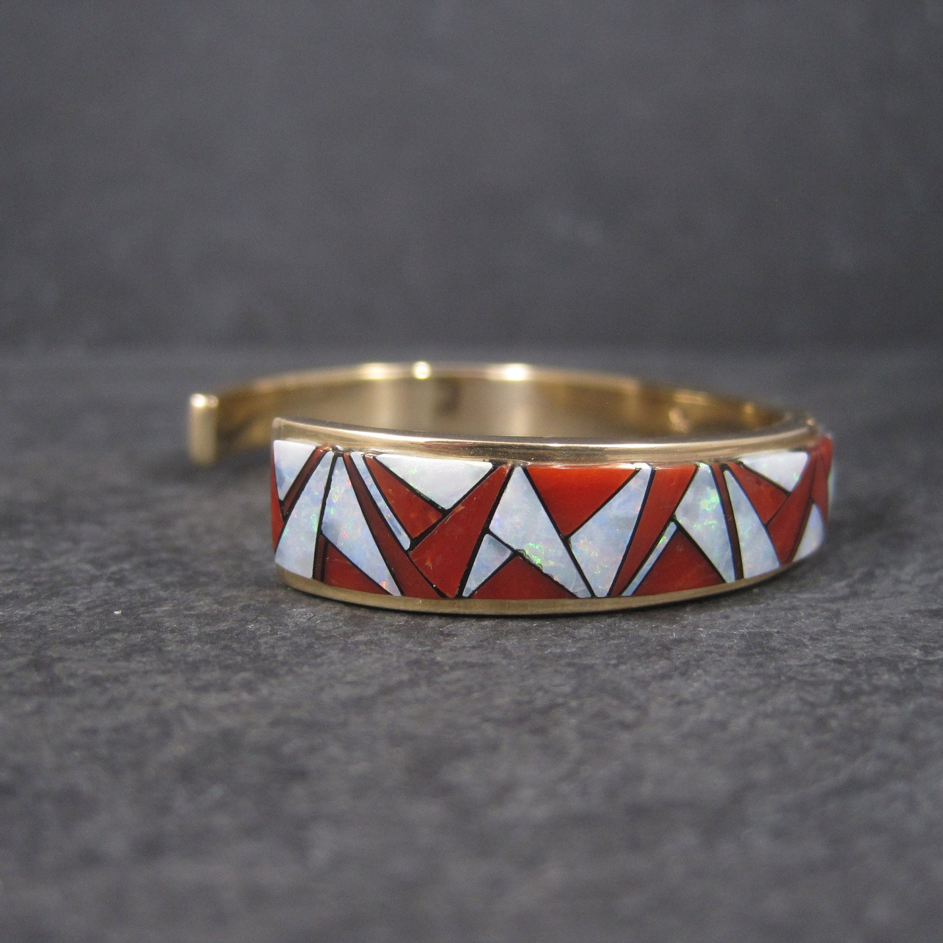 Vintage 14K Coral Opal Inlay Cuff Bracelet 5.75 Inches