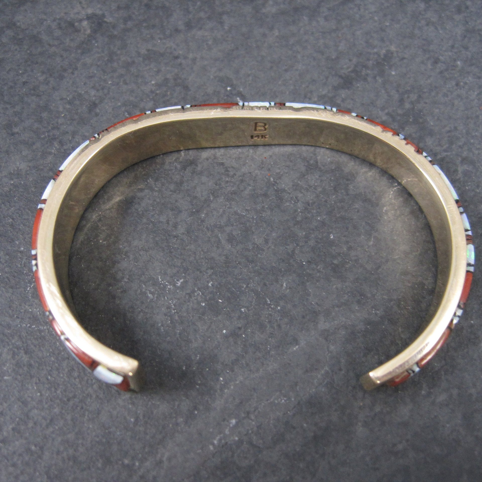 Vintage 14K Coral Opal Inlay Cuff Bracelet 5.75 Inches