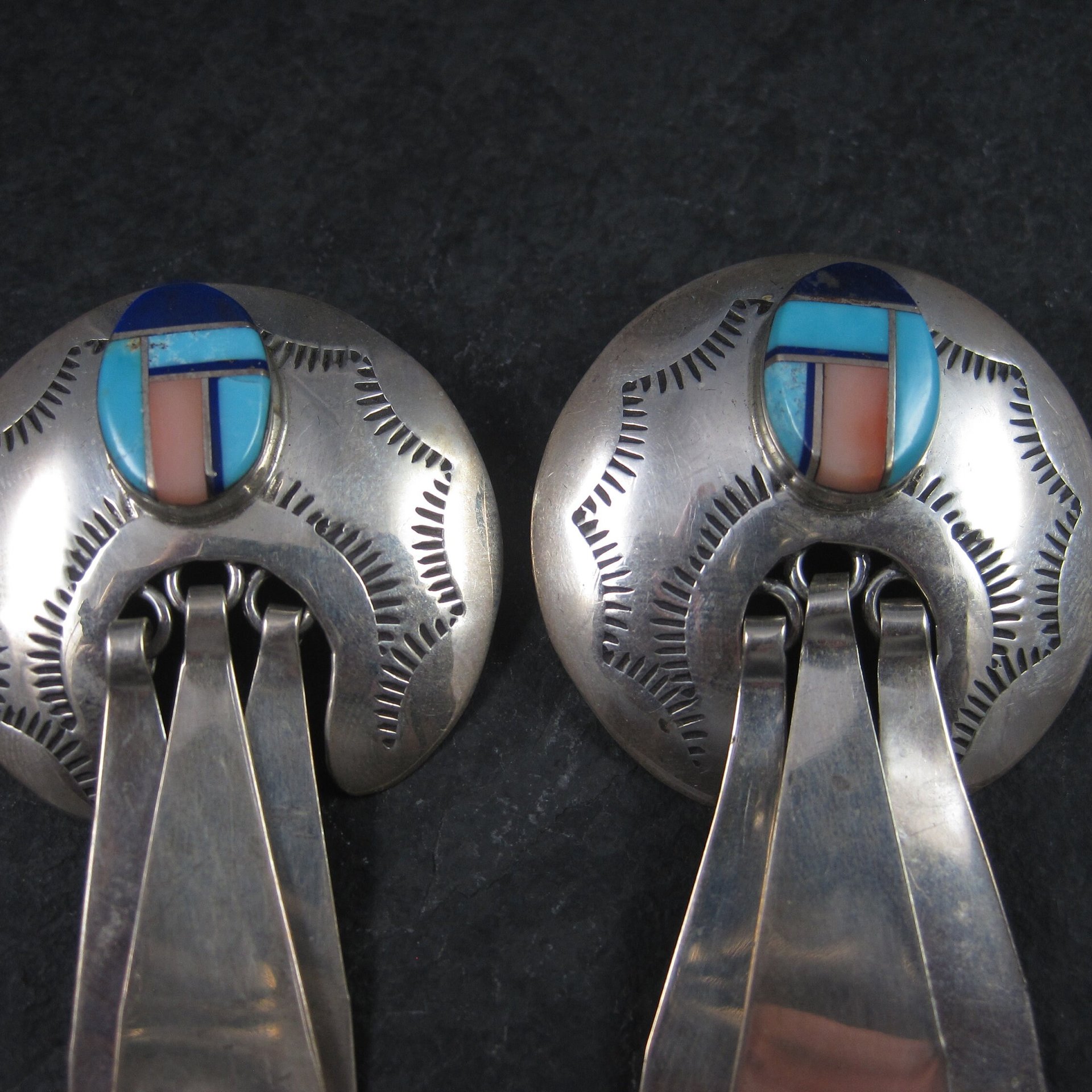 Large Sterling Navajo Turquoise Inlay Earrings