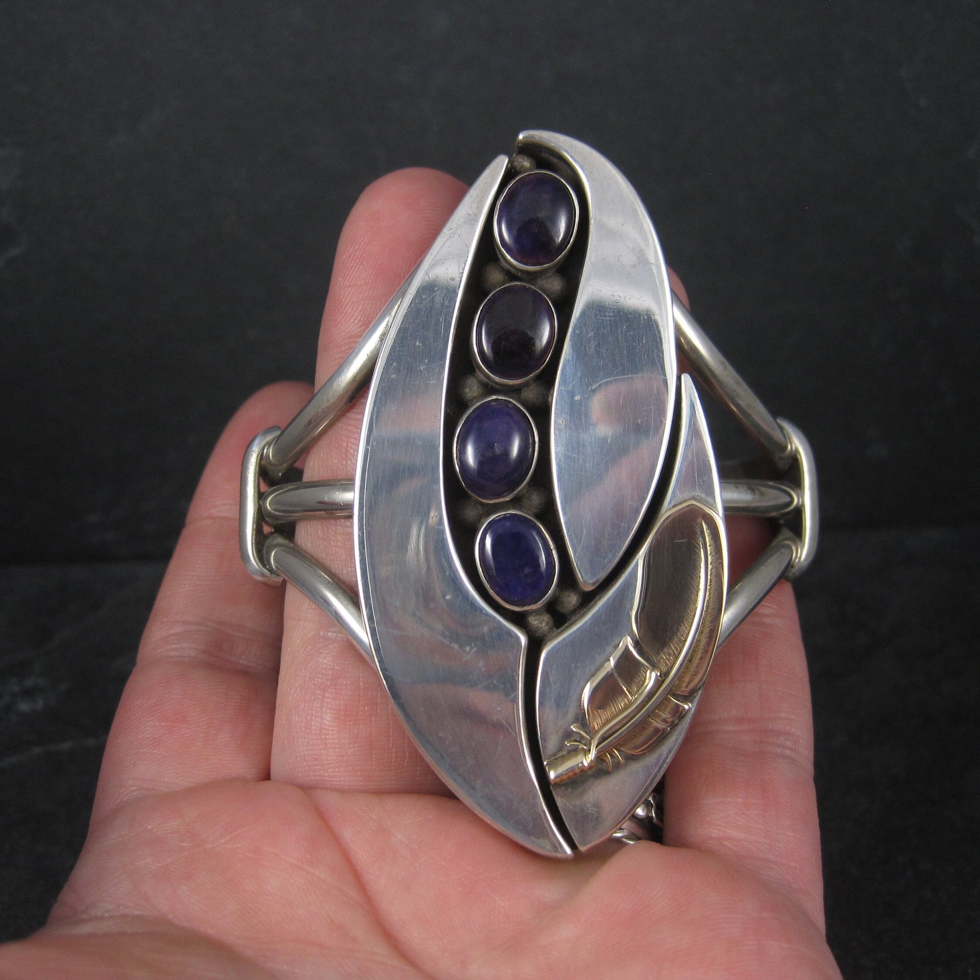 Sterling Navajo Sugilite Feather Cuff Bracelet Wilbert Cora Vandever