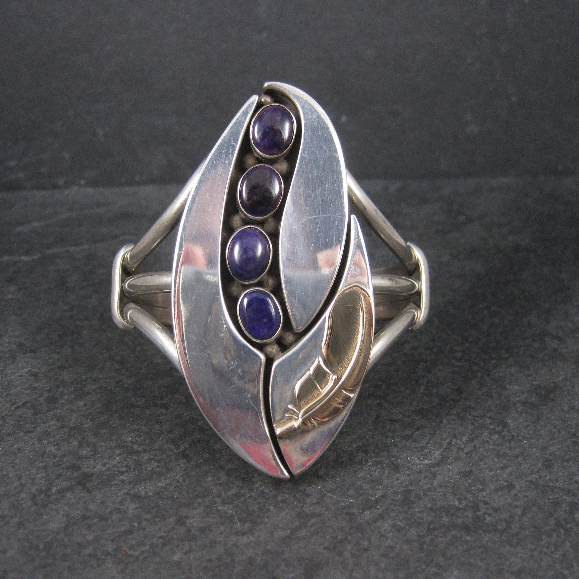 Sterling Navajo Sugilite Feather Cuff Bracelet Wilbert Cora Vandever