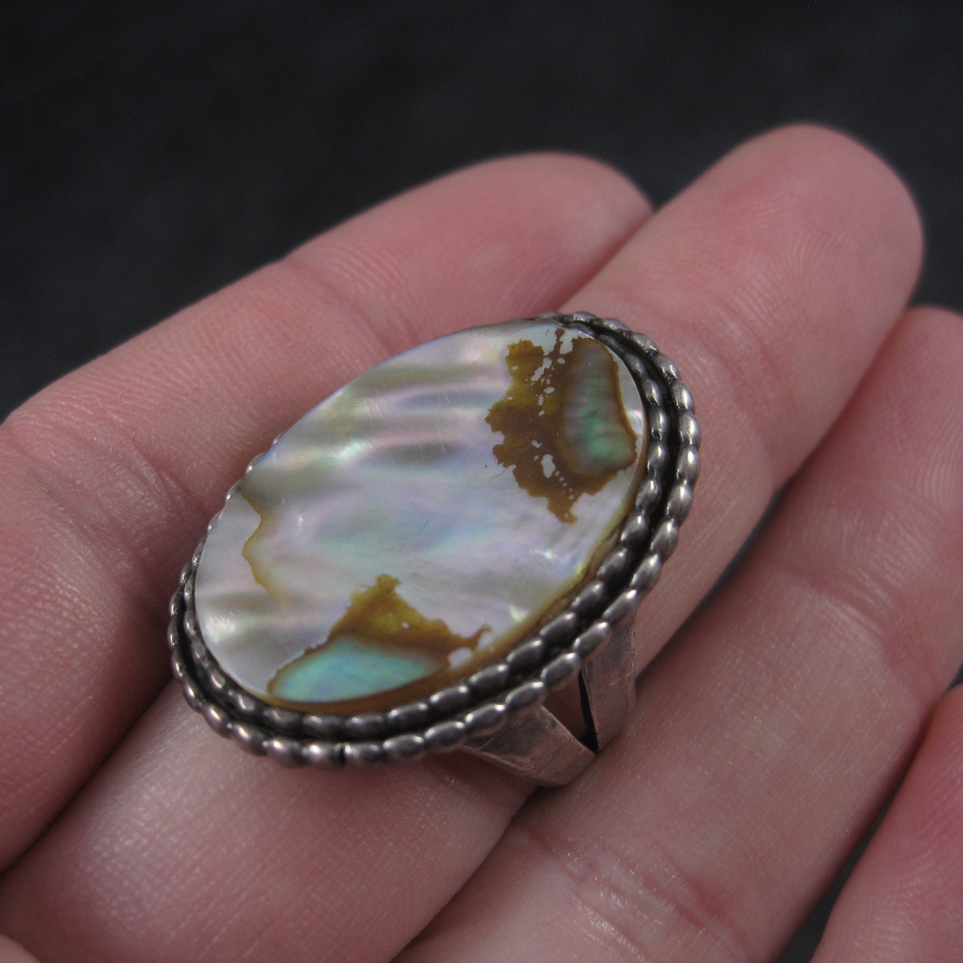 Large Vintage Sterling Abalone Ring Size 7