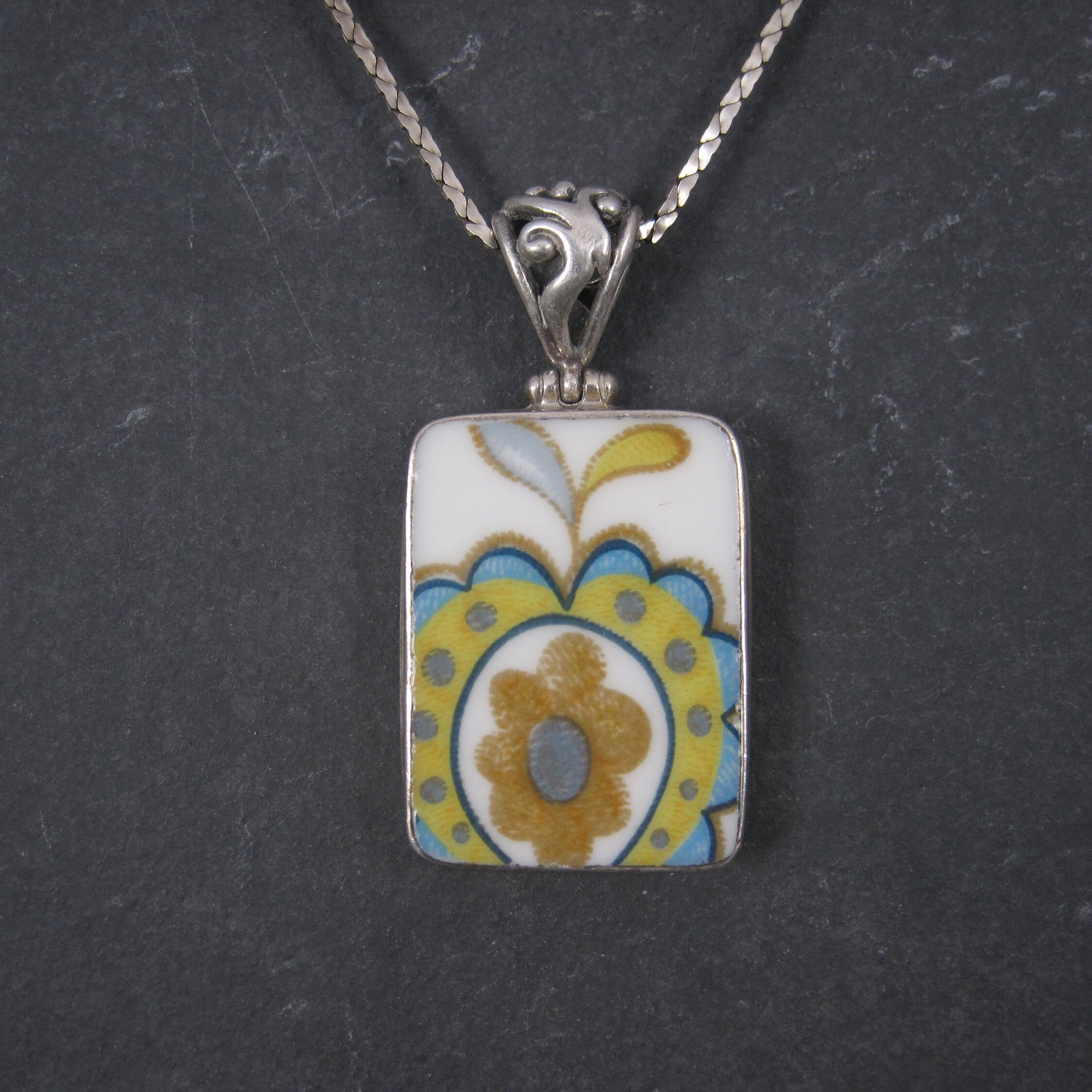 Vintage Sterling Floral Pottery Pendant Necklace