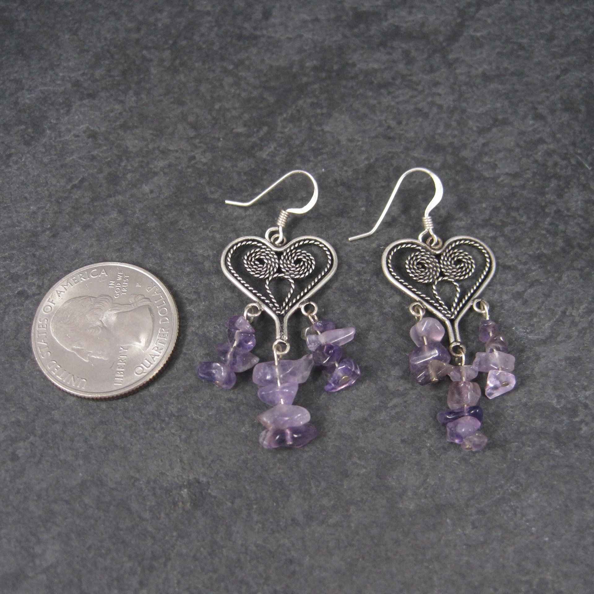 Vintage 90s Sterling Amethyst Heart Earrings