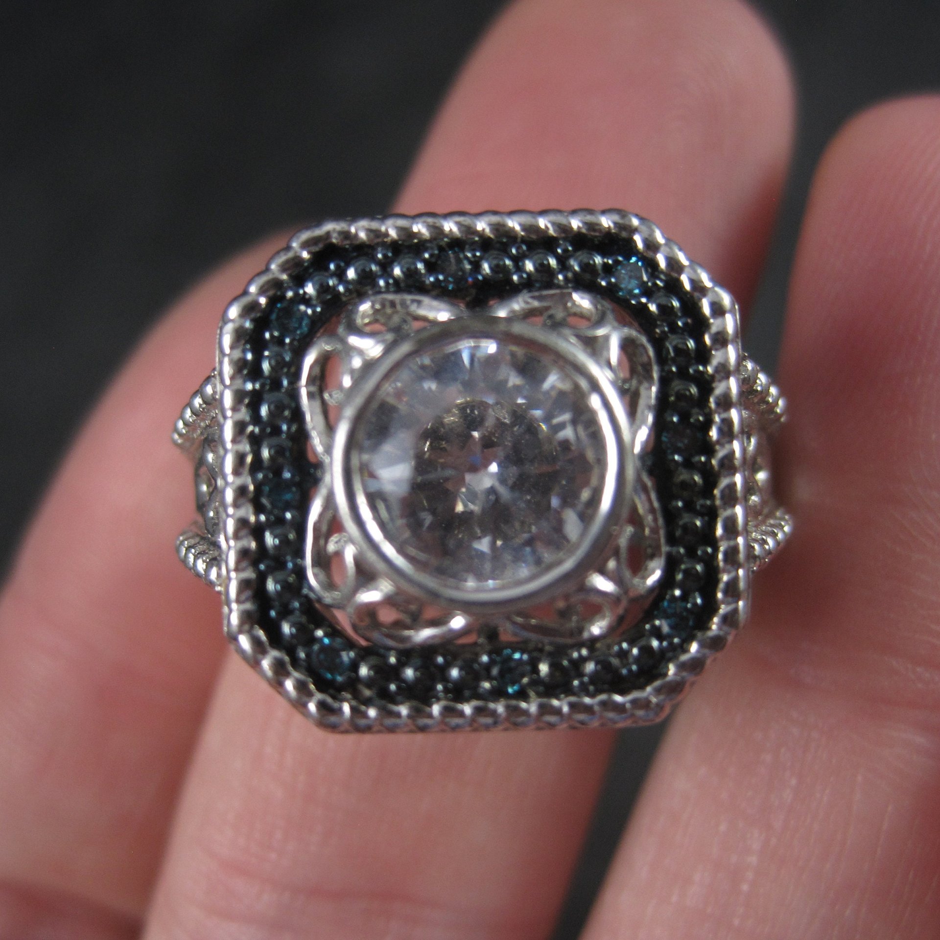 Chunky Handset 1.25 Carat Cubic Zirconia Blue Diamond Cocktail Halo Ring Size 9