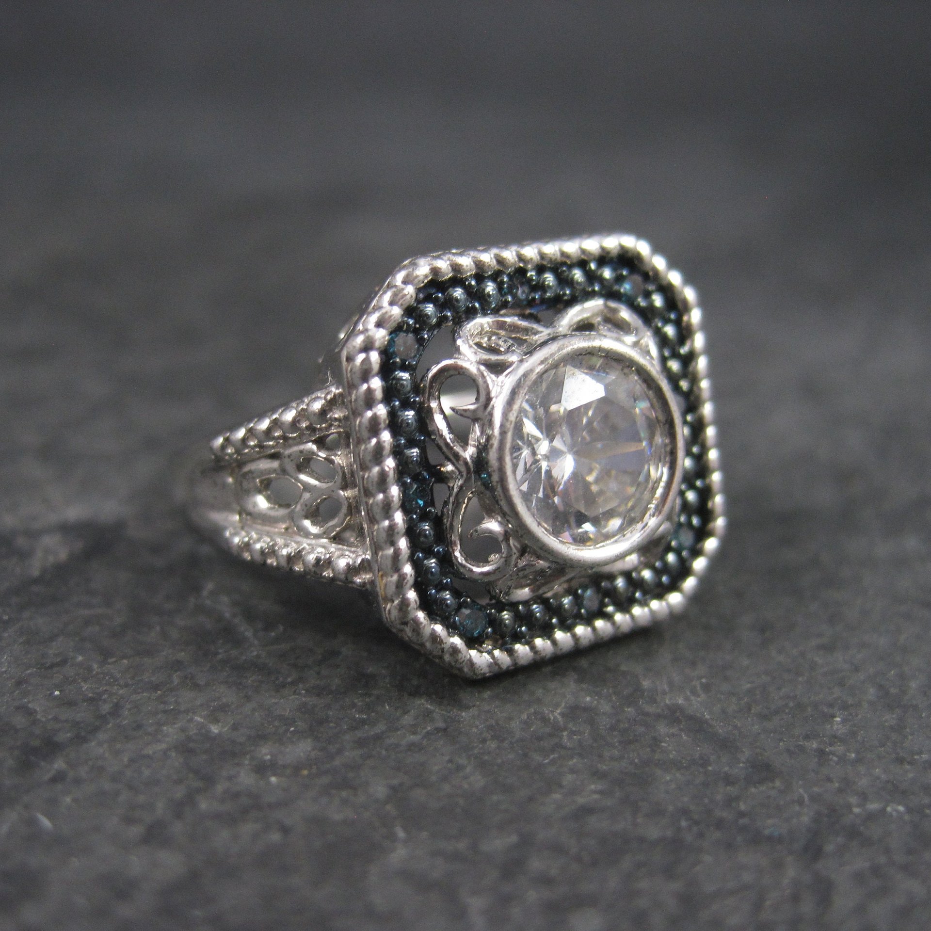 Chunky Handset 1.25 Carat Cubic Zirconia Blue Diamond Cocktail Halo Ring Size 9