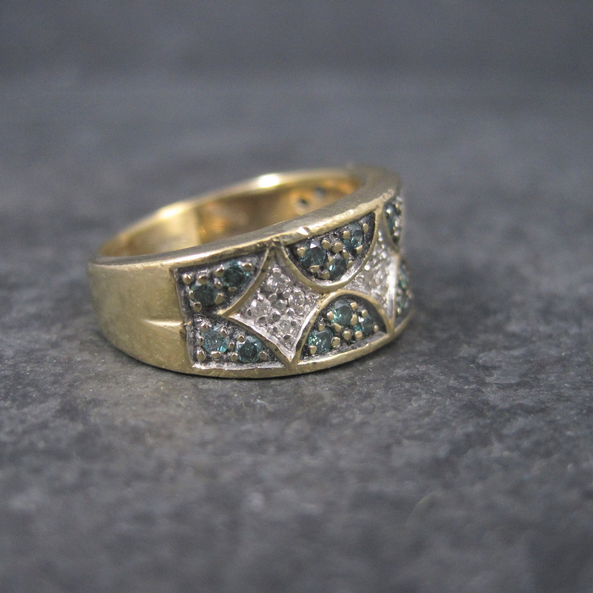 Wide Vintage 14K .42 Carat Blue and White Diamond Band Ring Size 6