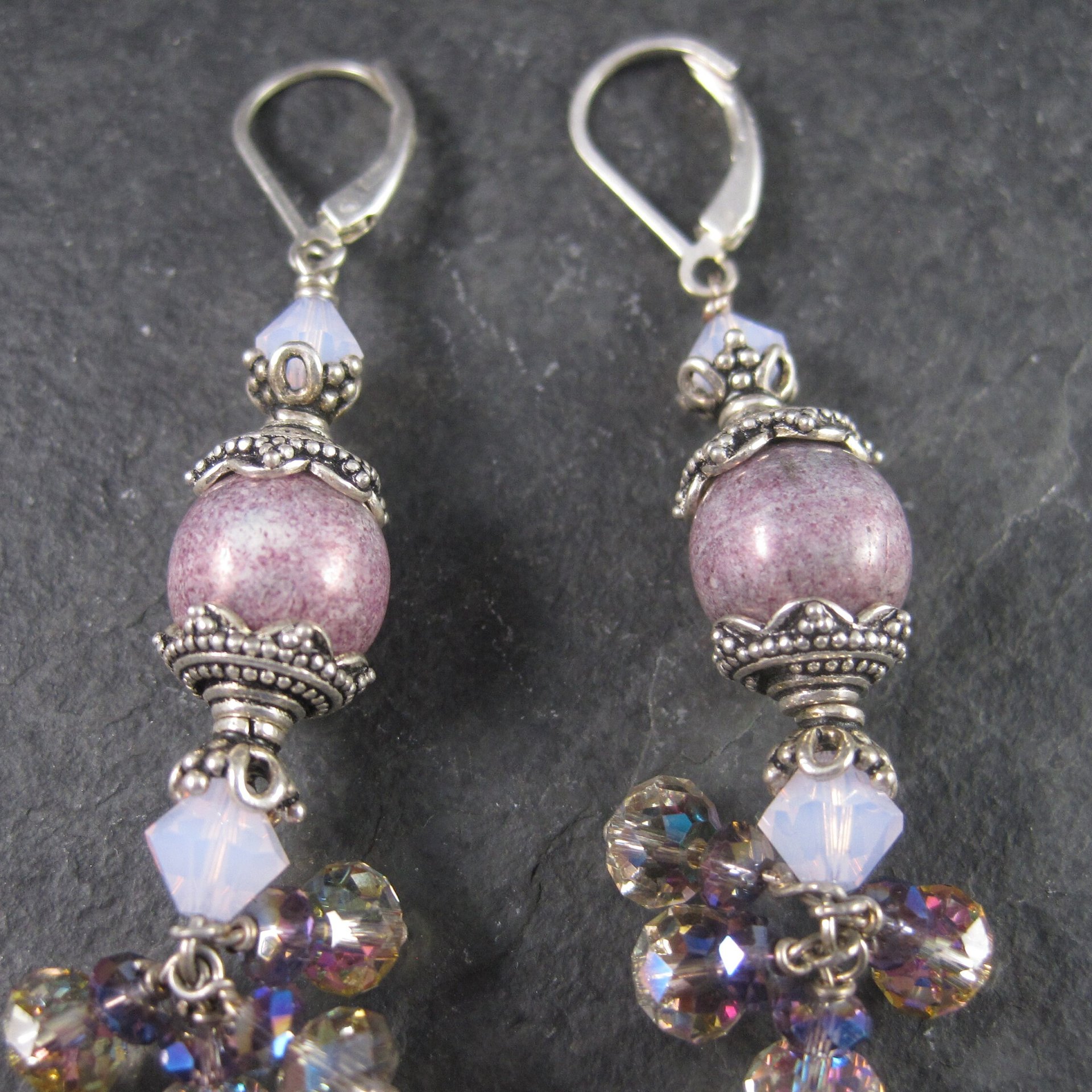 Long Sterling Pink and Purple Art Glass Earrings