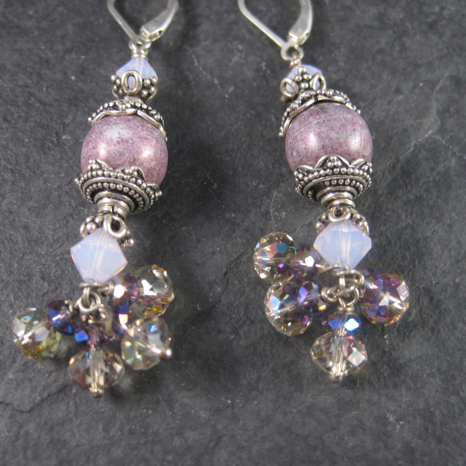 Long Sterling Pink and Purple Art Glass Earrings