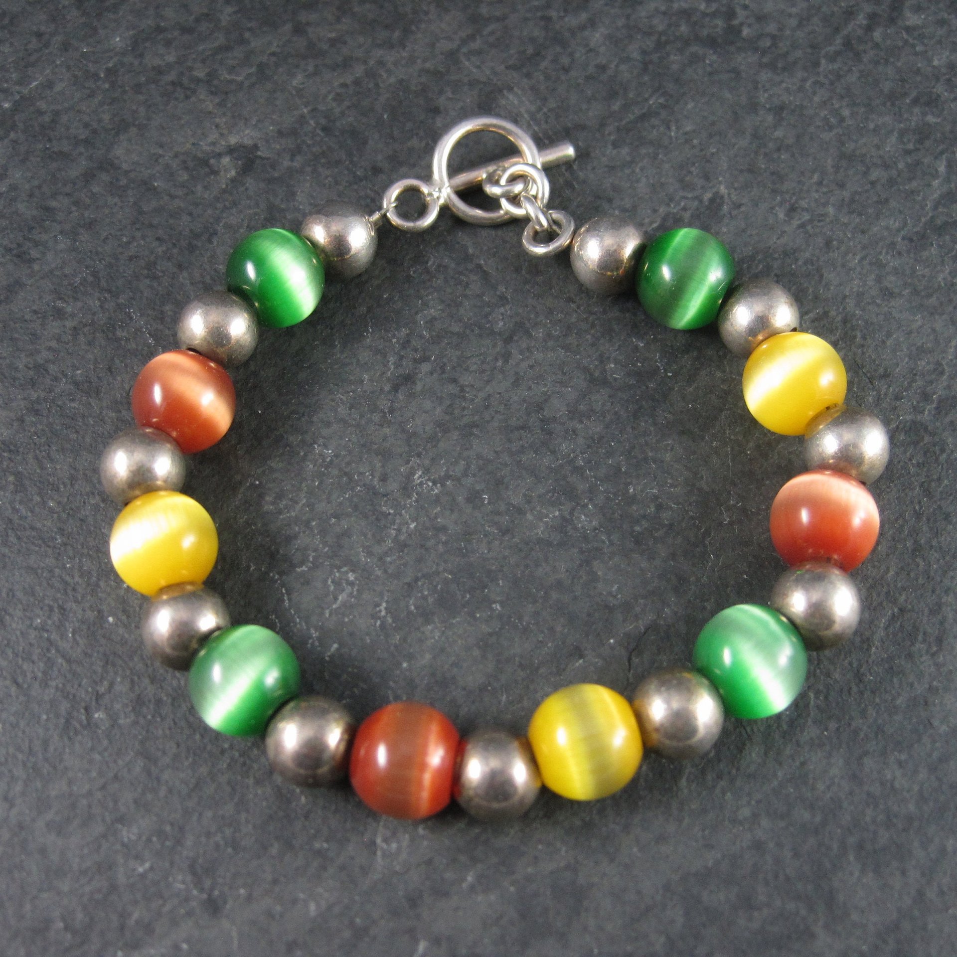 Chunky Vintage Sterling Cats Eye Bead Toggle Bracelet 7.5 Inches
