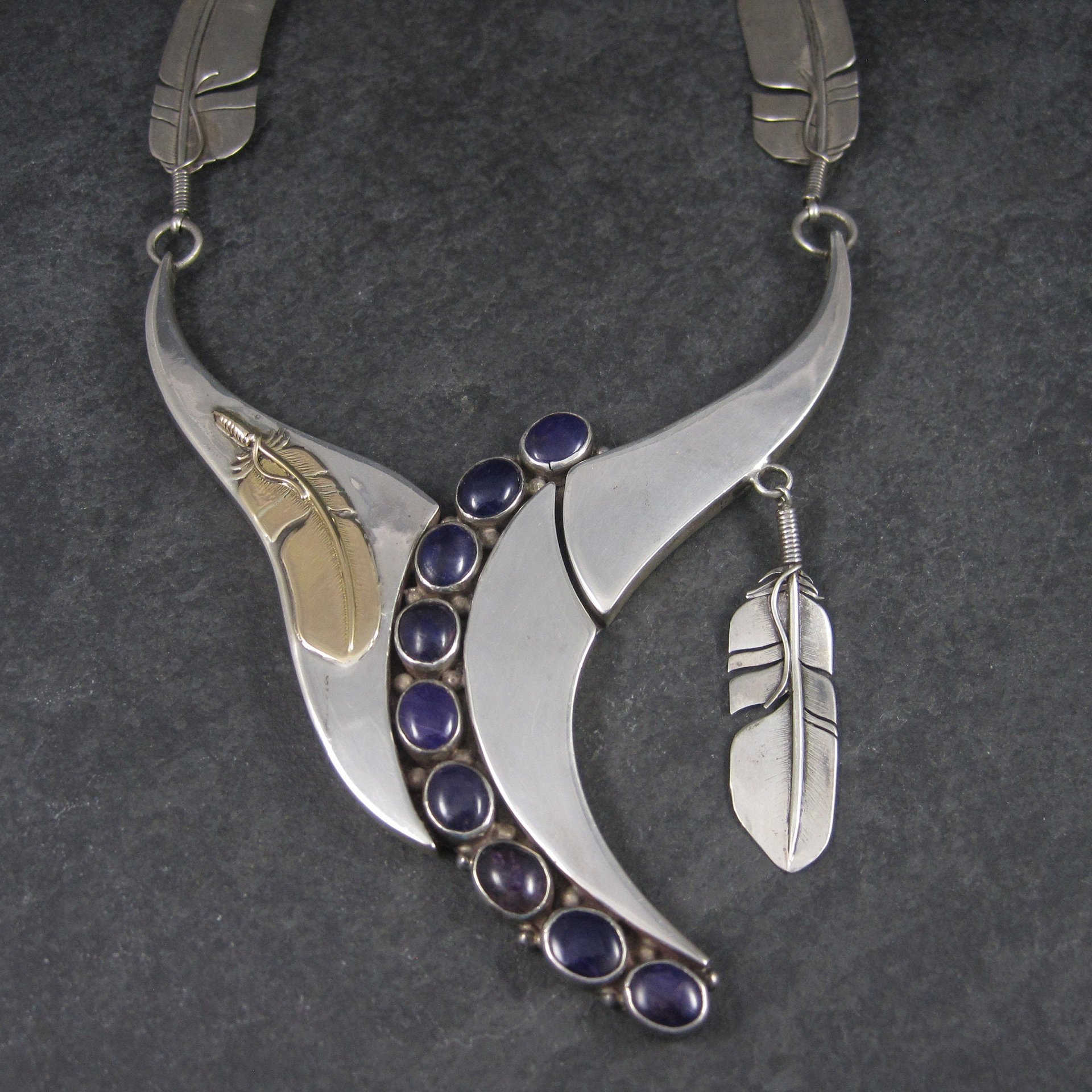 Navajo Sugilite Feather Necklace Wilbert Vandever Sterling Silver and 14K Yellow Gold