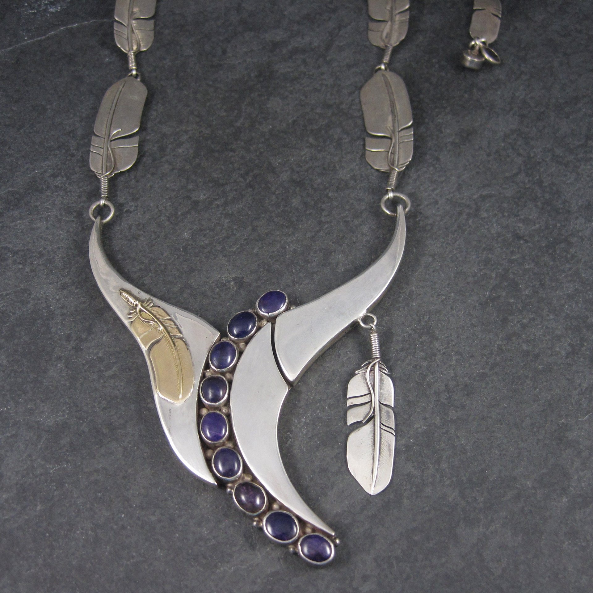 Navajo Sugilite Feather Necklace Wilbert Vandever Sterling Silver and 14K Yellow Gold