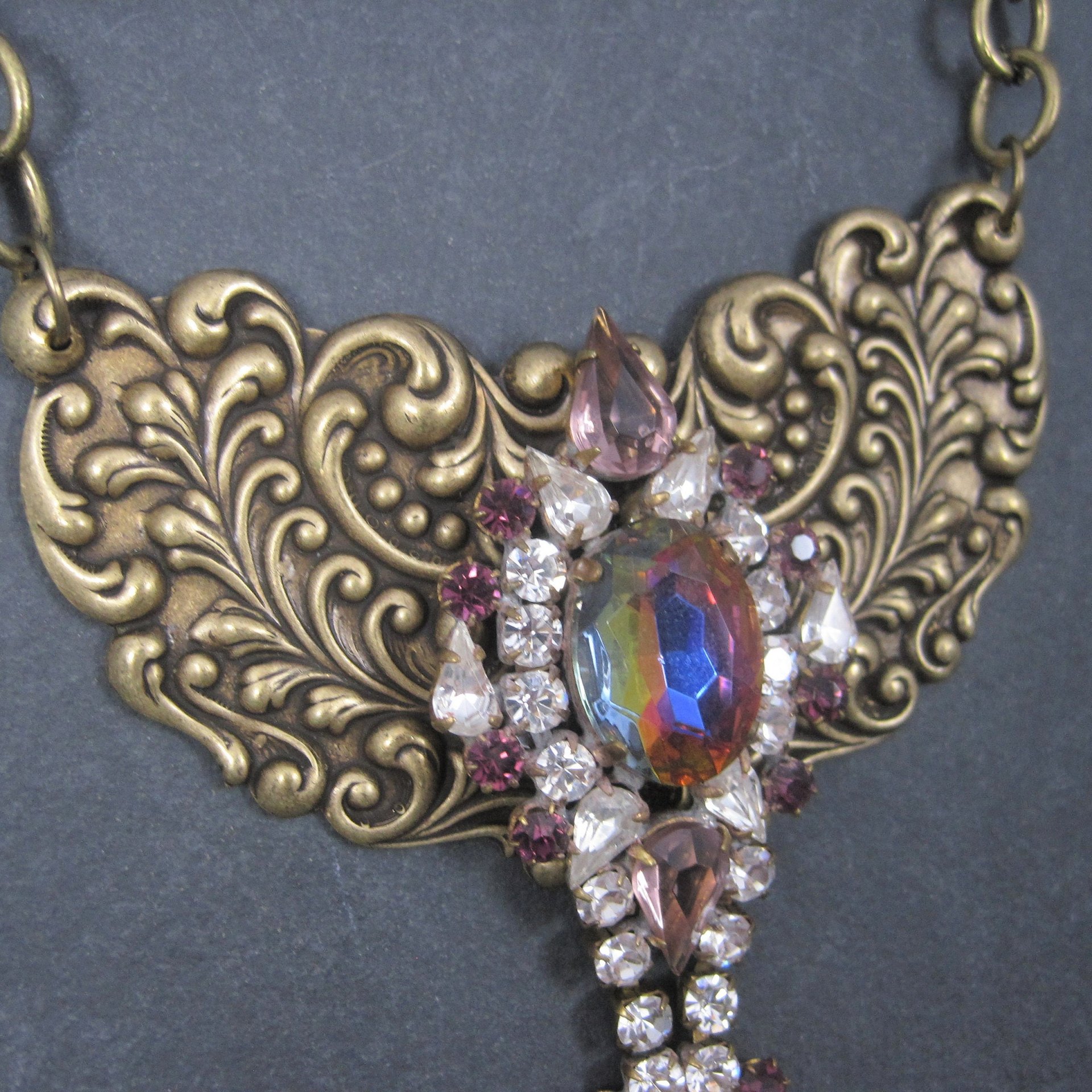 Vintage Brass Rhinestone Runway Bib Necklace