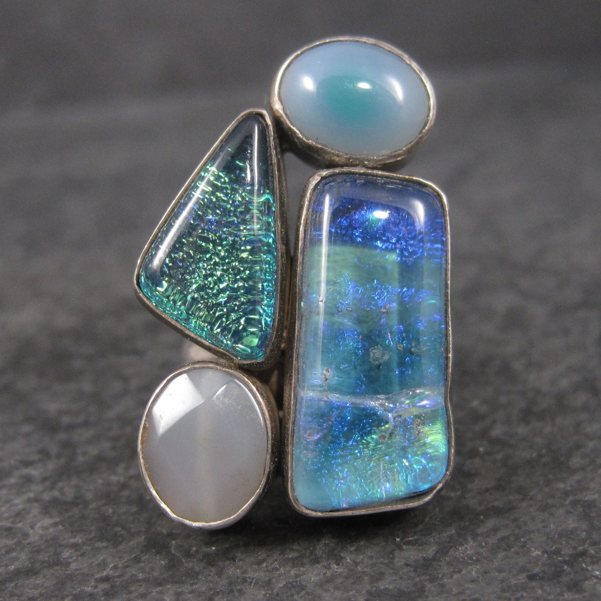 Estate Sterling Dichroic Glass and Quartz Ring Size 7