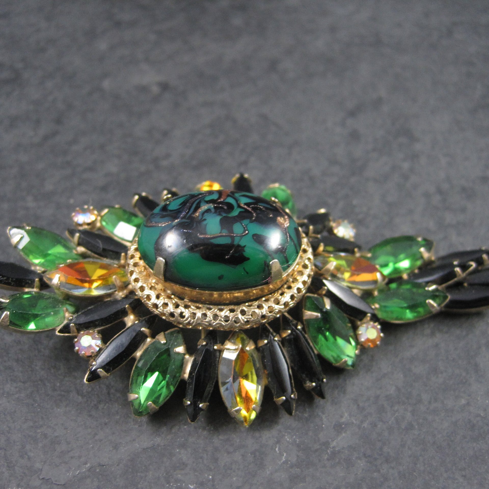 Large Vintage Juliana Green Black Rhinestone Brooch Delizza Elster