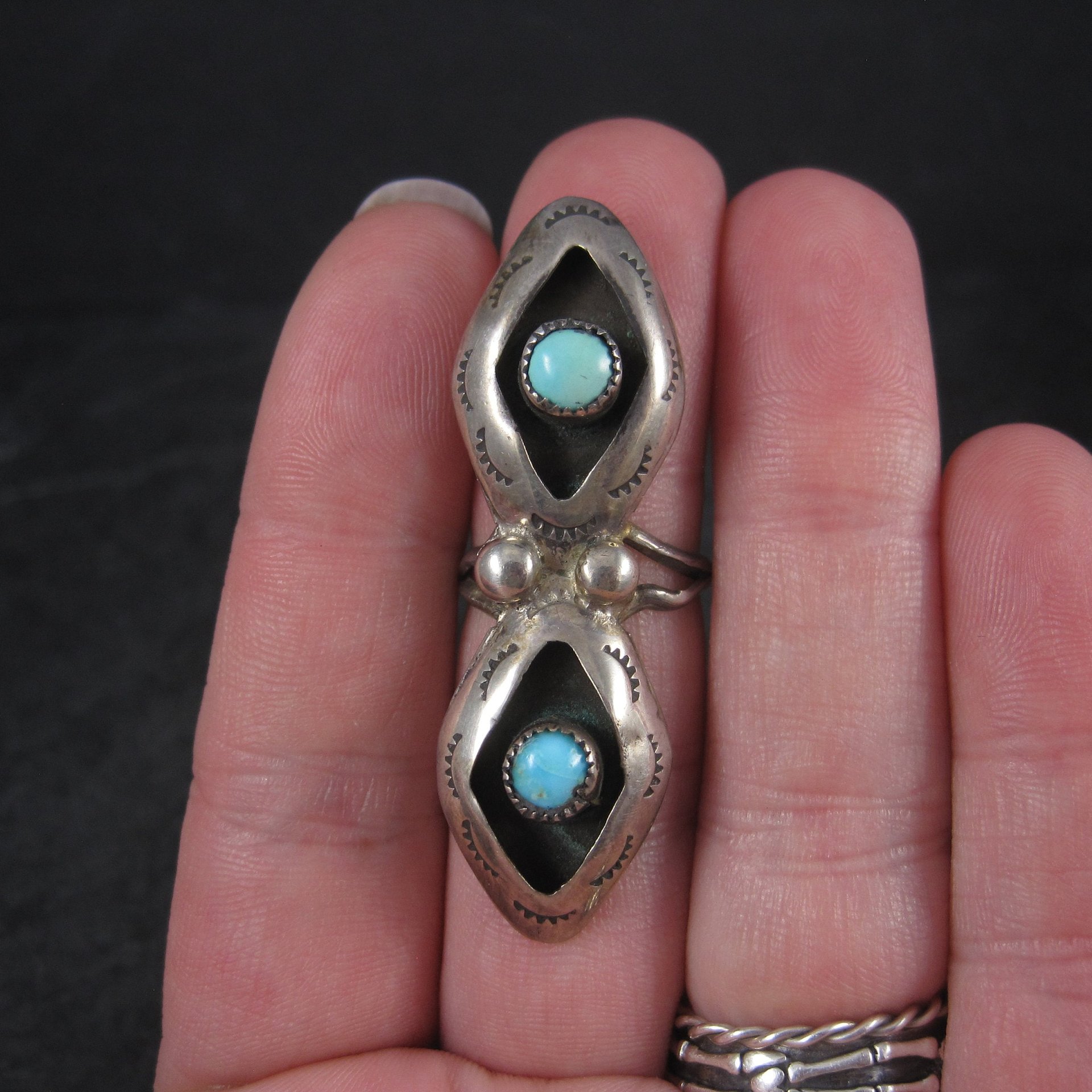 Long Vintage Turquoise Shadowbox Ring Dead Pawn Size 5