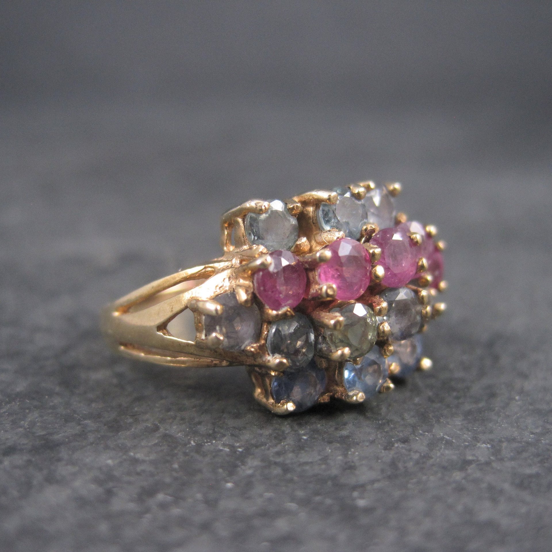 Unusual Vintage 10K Ruby Spinel Topaz Cluster Ring Size 7